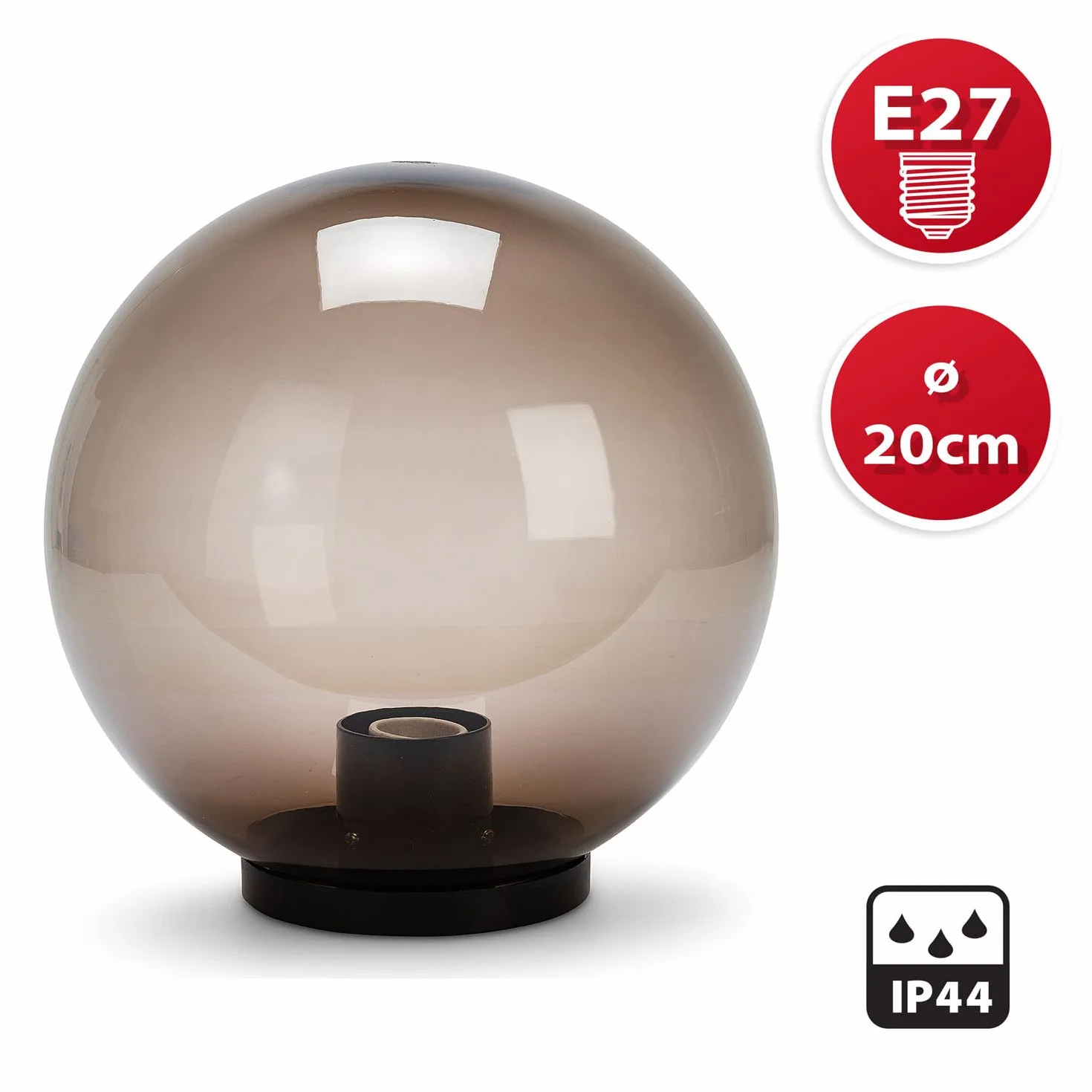 Velamp APOLUX – Lampada Sferica da esterno, diametro 200mm, Attacco E27, Colore Fumé | Impermeabile IP44, Diffusione a 360°, Ideale per giardini, terrazze e vialetti
