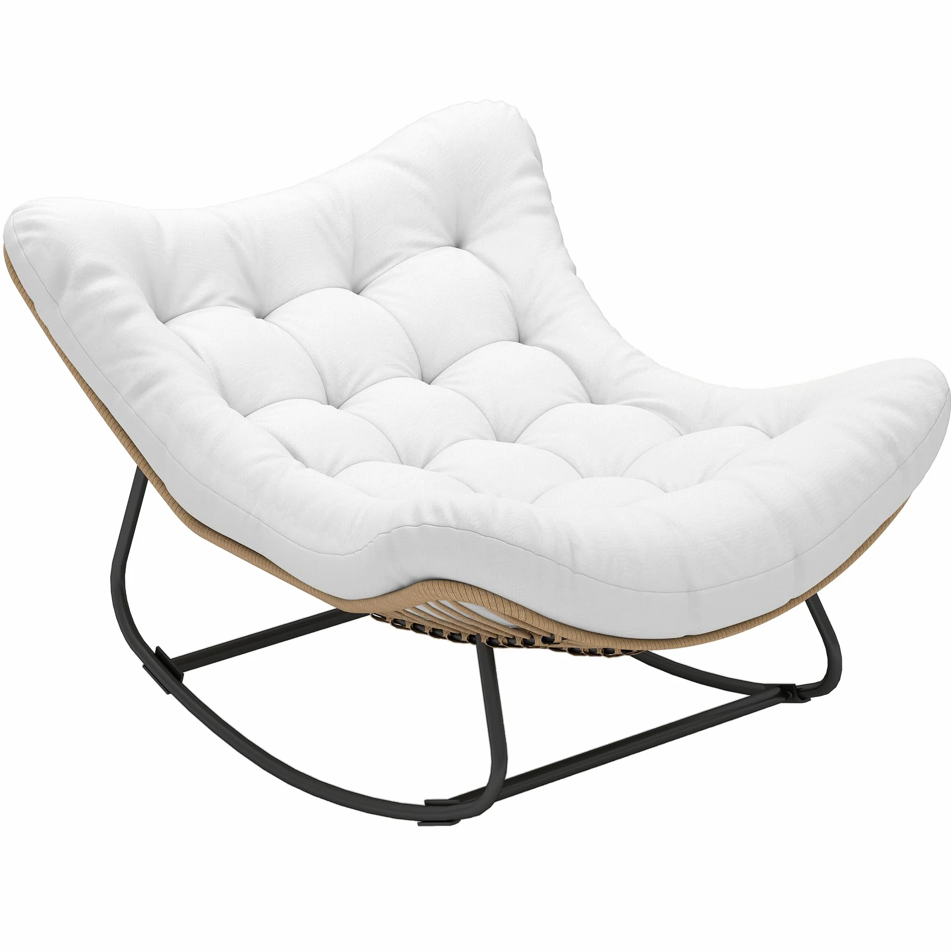 Outsunny Poltrona a dondolo da giardino, sedia a dondolo a forma di uovo in resina intrecciata, sedia a dondolo con cuscino imbottito per giardino, camera da letto, soggiorno, crema