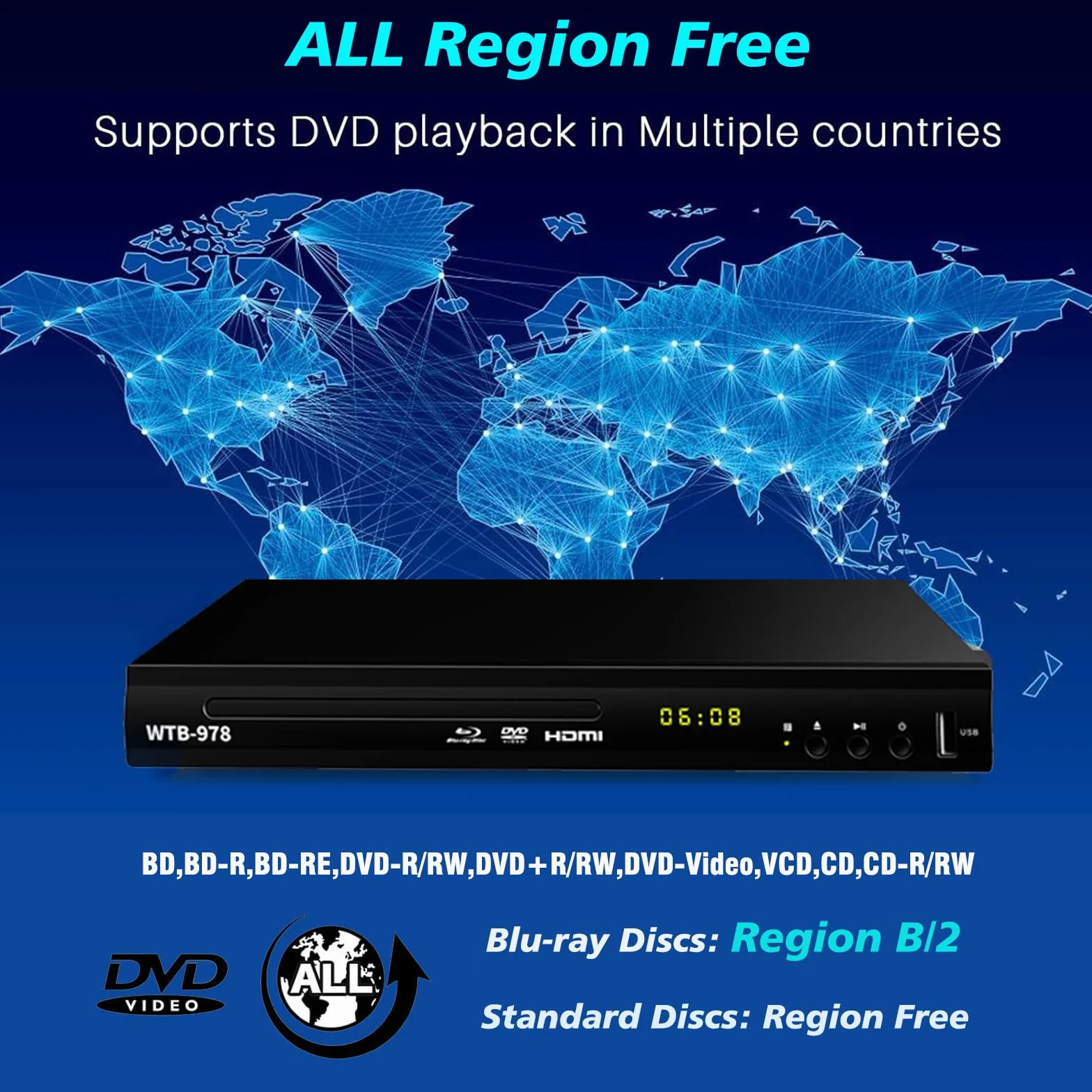 Lettore DVD Blu-ray Full HD 1080P Dolby Audio HDMI AV Coassiale Regione B/2