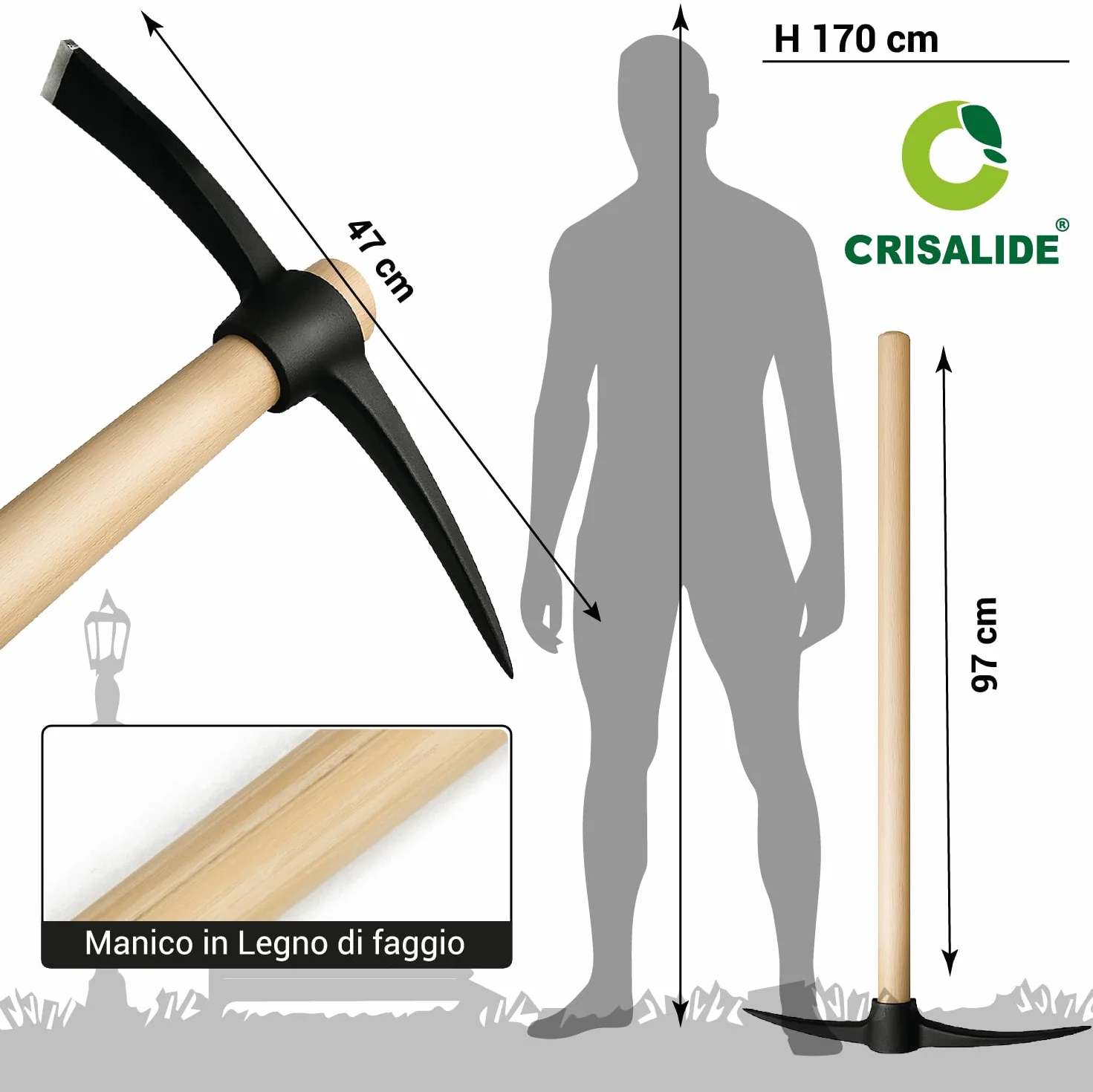 Crisalide® Piccone in Acciaio Temprato 47 cm con Manico in Legno di Faggio 97 cm – Attrezzo da Scavo Robusto per Terreni Rocciosi, Superfici Dure e Lavori Agricoli Intensivi