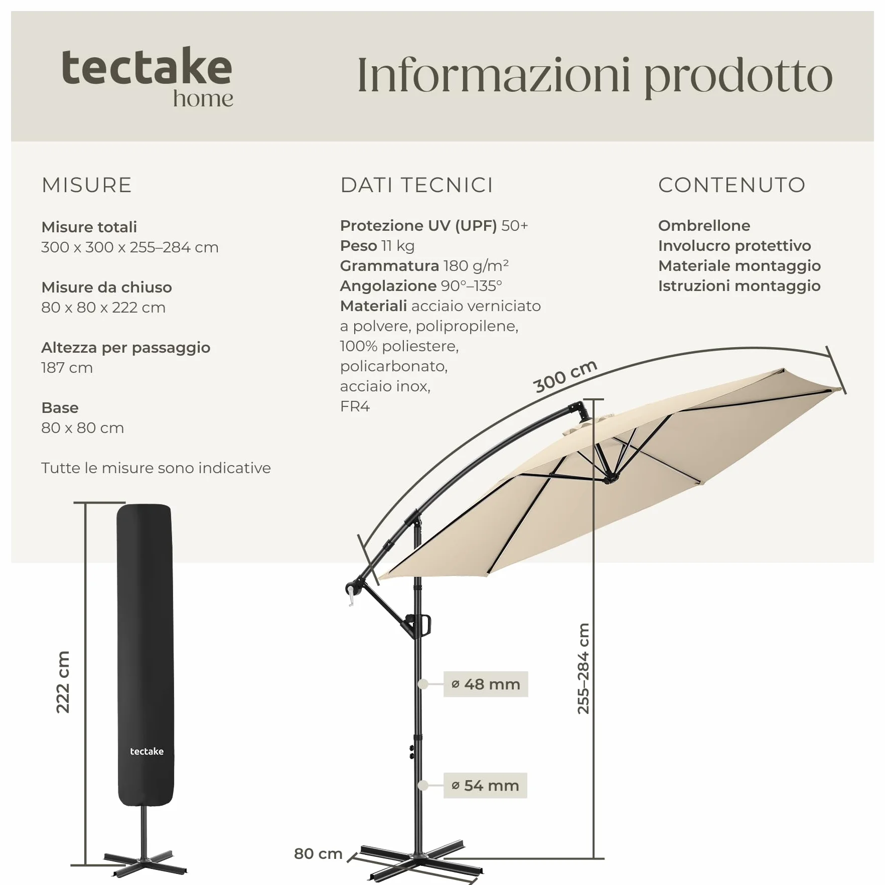 tectake® Ombrellone da Giardino 3x3 m, Ombrellone a Braccio Girevole 360°, Protezione UV 50+, Idrorepellente, Inclinabile, Base in Acciaio a Croce, Manovella, Arredamento Giardino