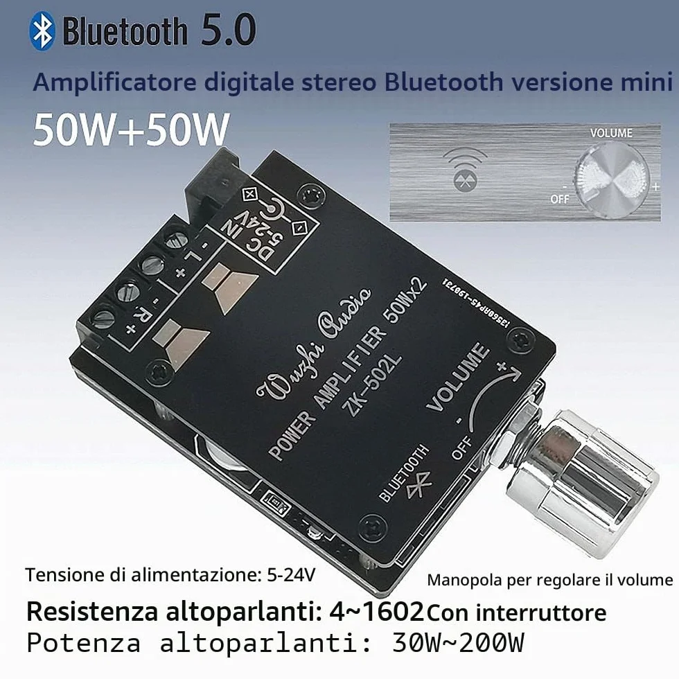 DollaTek TPA3116 Bluetooth 5.0 Mini Amplificatore di Potenza Digitale 2x50W con Interruttore e Volume Regolabile