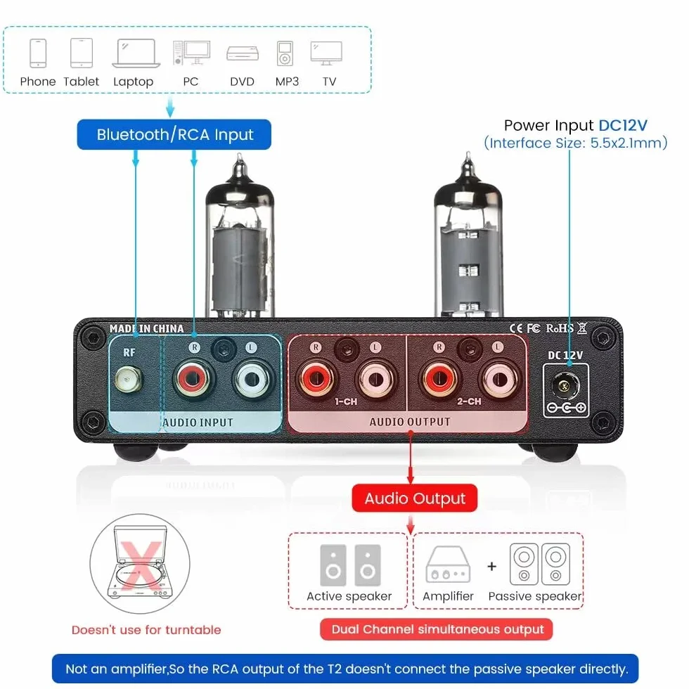 AIYIMA T2 6K4 Preamplificatore Tubo Biliare Vuoto Bluetooth 5.0 QCC3034 Stereo HiFi Aptx