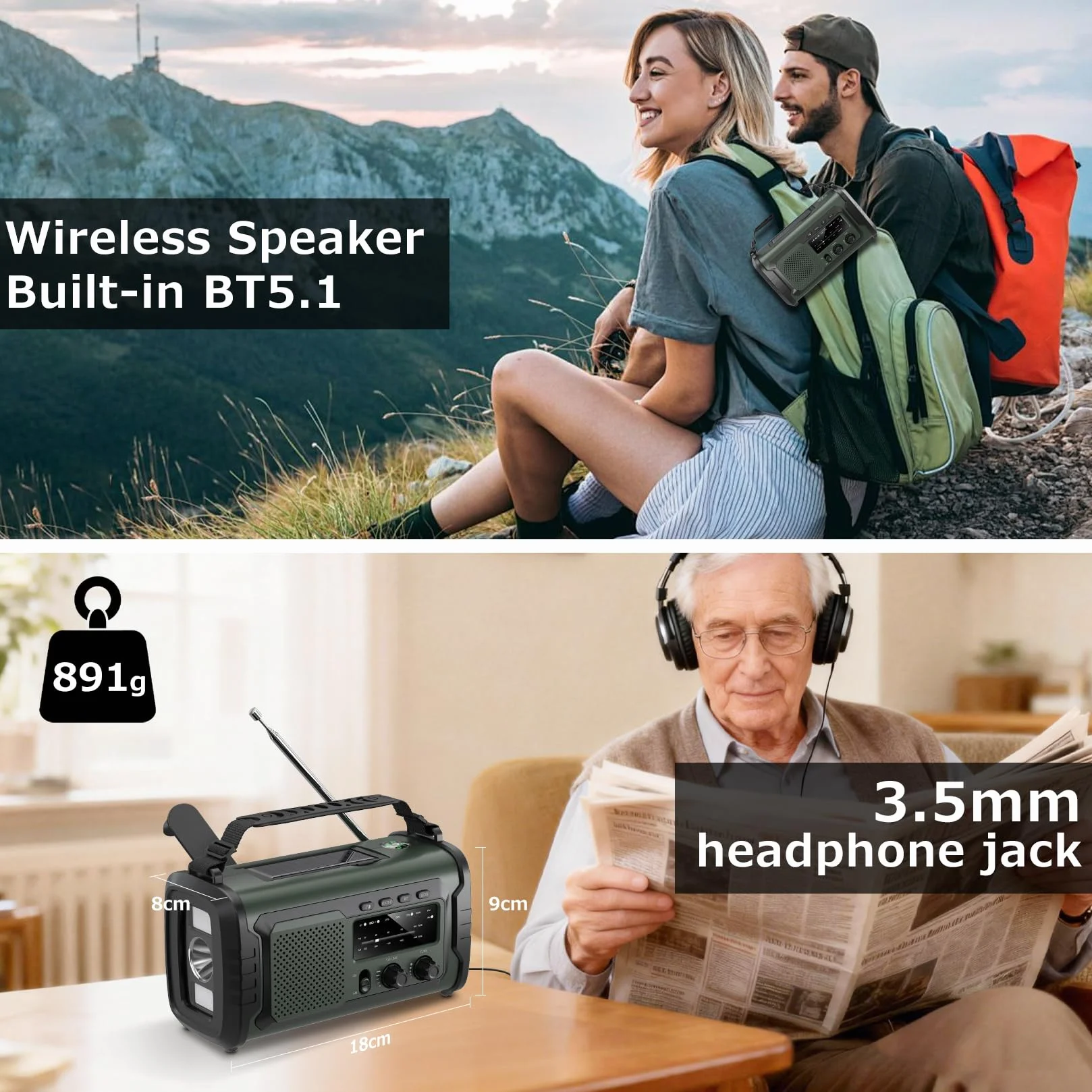Radio a Manovella 27000mAh FM AM Bluetooth 5.3 Solarecon Allarme SOS Bussola Torcia Elettrica