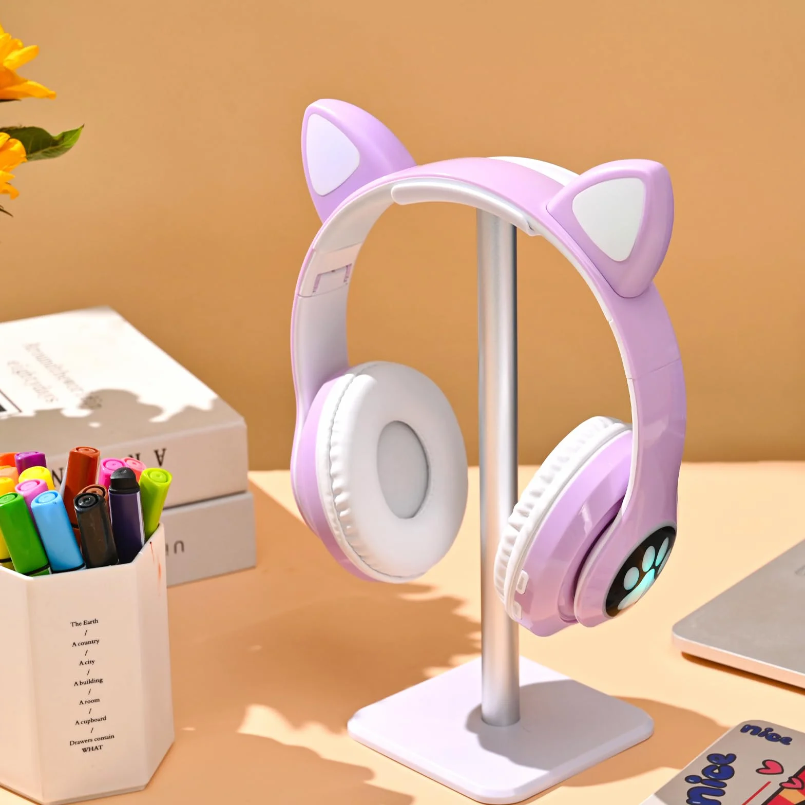Cuffie Wireless Bambini con LED, Bluetooth Cuffie con Orecchie Gatto Pieghevoli con Microfono, Micro SD Regalo Natale Compleanno Ragazze Viola