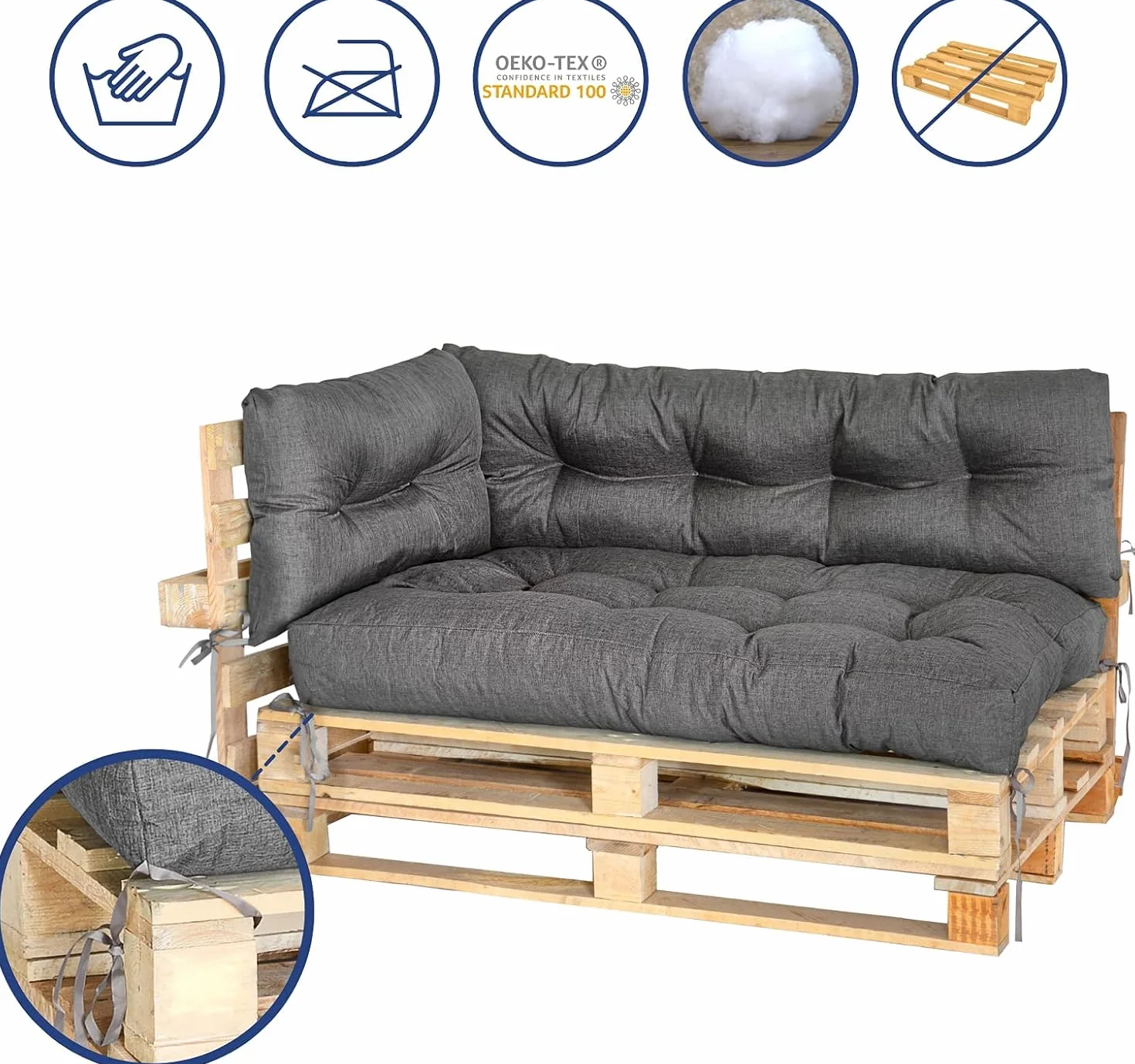 MKS Cuscino pallet Set di 3 impermeabile 120x80 120x40 60x40 cm con cinghie