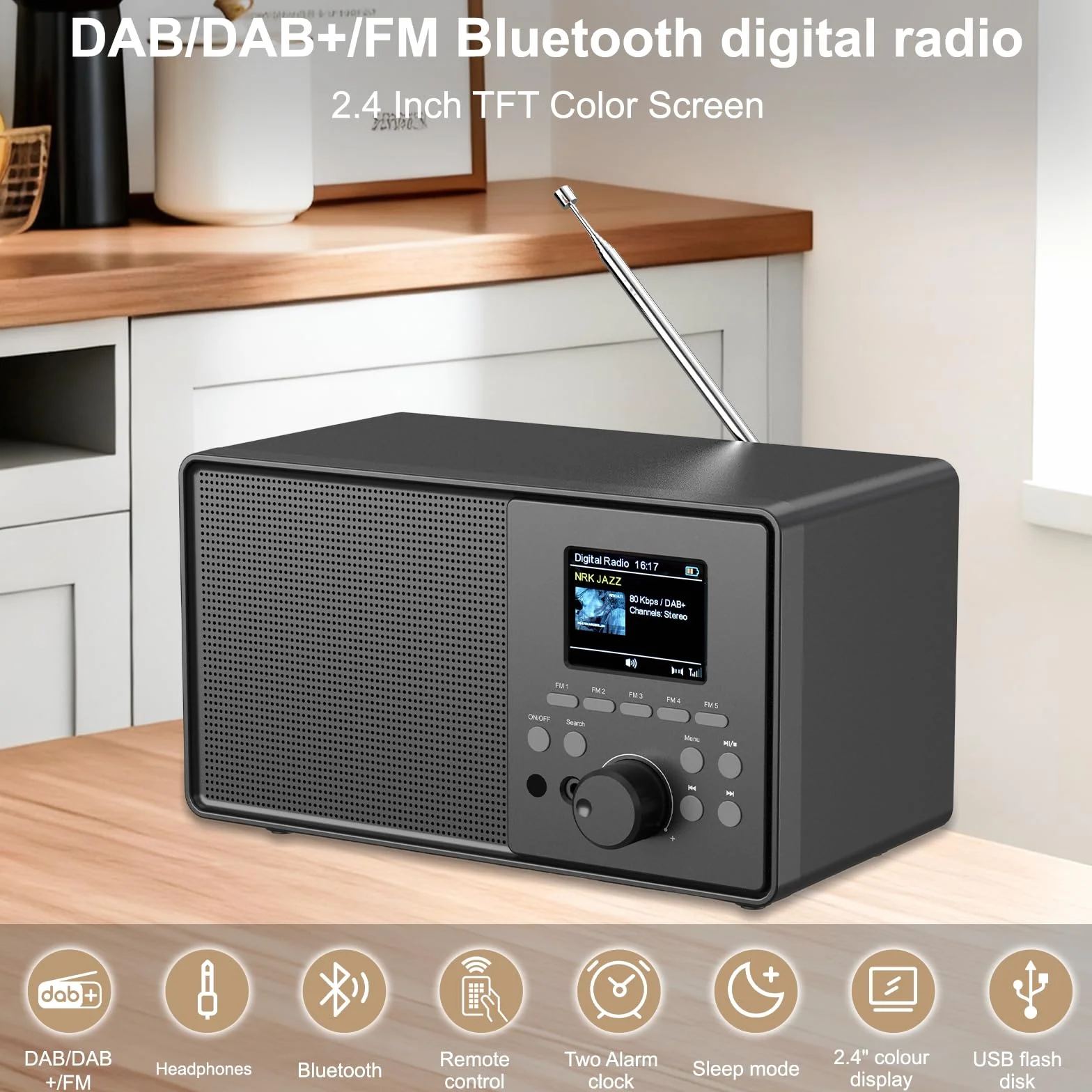 Radio Vintage DAB+/FM Bluetooth 5.0 Radiosveglia Doppio Allarme Telecomando Porta USB AUX 30 Stazioni Preimpostate