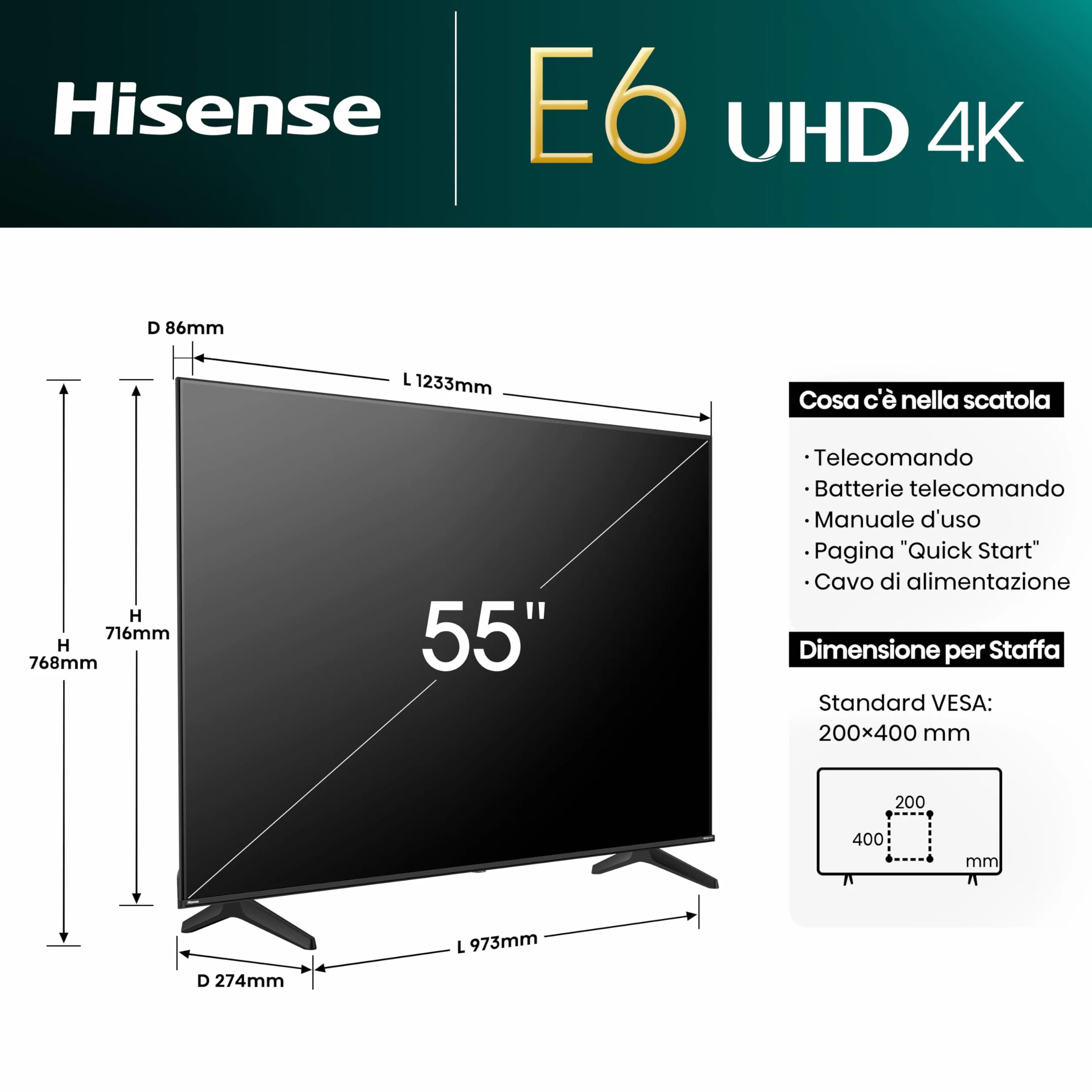 Hisense TV 55" 4K Ultra HD 55E63NT, Smart TV VIDAA U7, Dolby Vision, HDR 10+, DTS Virtual:X, Game Mode Plus, Alexa Built-in, VIDAA Voice, DVB-T2/S2 HEVC 10