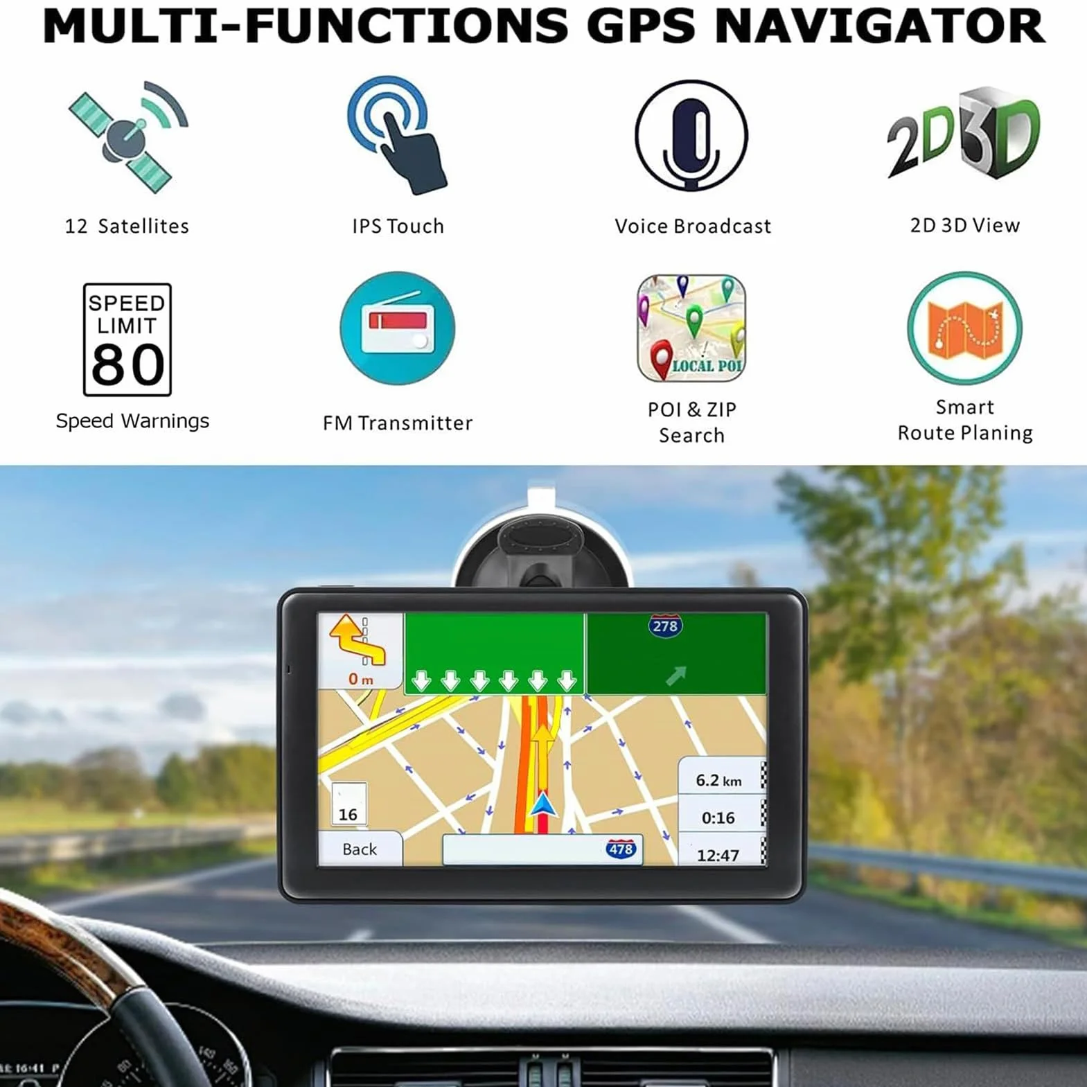 Navigatore Satellitare 7 Pollici GPS HD con Mappe UK e Europa, Aggiornamenti Lifetime, Guida Vocale, Avvisi Autovelox, Lane Assist