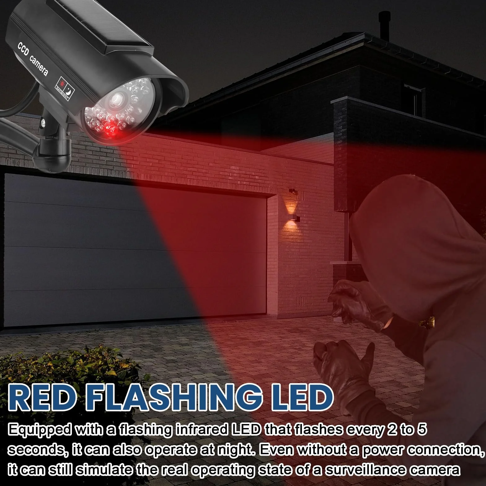 Sporgo telecamera finta per esterni con luce LED rossa lampeggiante, sorveglianza finta solare per interni ed esterni