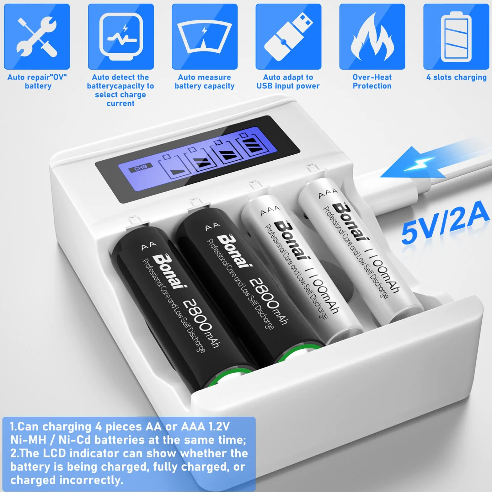 BONAI Caricabatterie per Pile Ricaricabili AA AAA con Display LCD, 4 Slot Indipendenti, Carica Ni-MH, Cavo USB