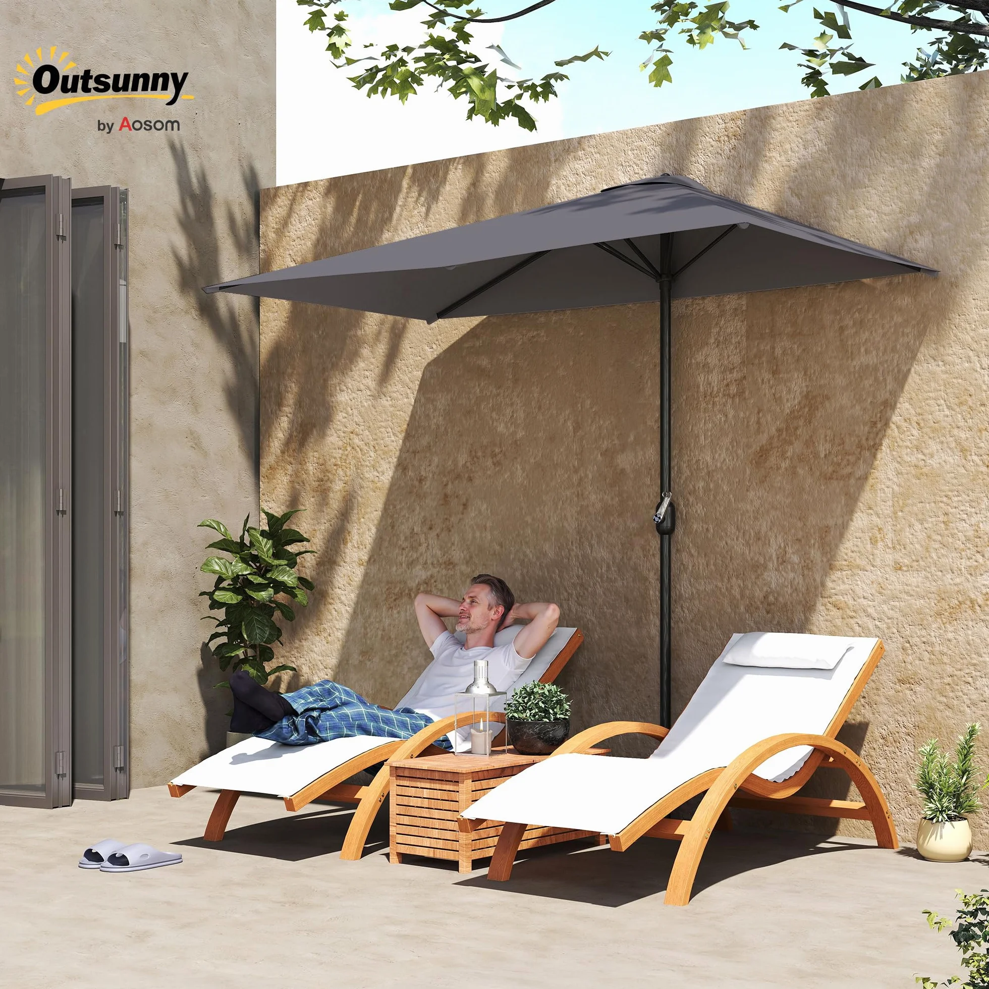Outsunny Ombrellone Mezzaluna da Parete e Muro 2.3x1.3 m con Apertura a Manovella, Ombrellone da Giardino con 5 Stecche in Metallo e Poliestere 180g/㎡, Anti UV, per Terrazza e Balcone