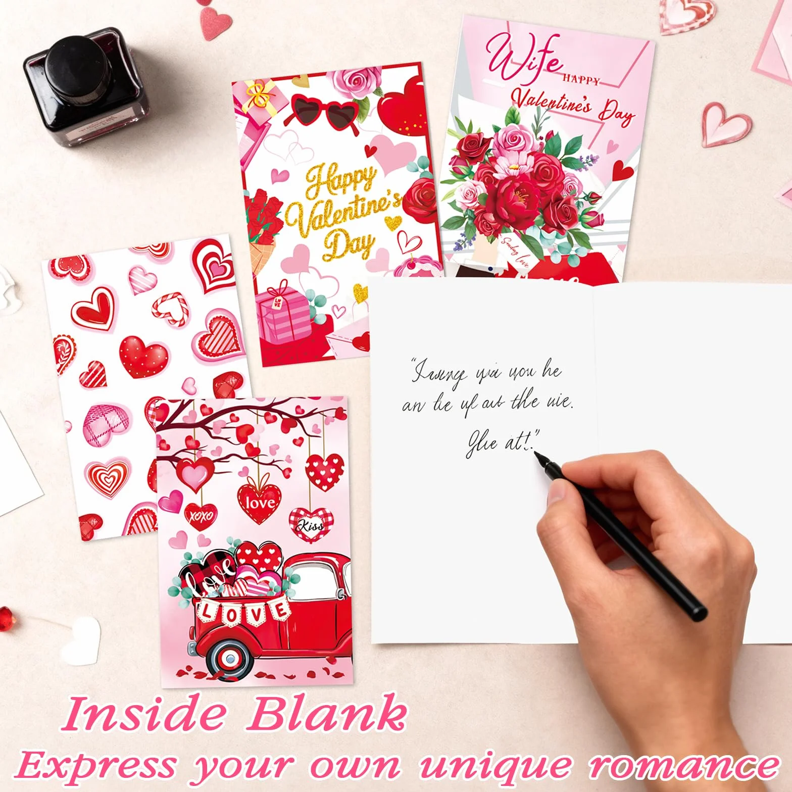 48 Biglietti di San Valentino 12 Design Unici con Adesivi e Buste Rosa 4x6in Cartolina per Marito Moglie Famiglia