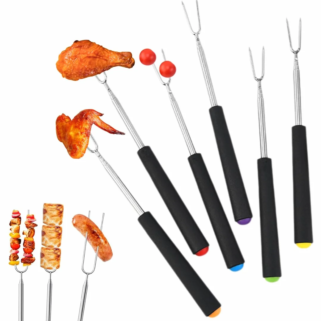 6 Pezzi Spiedini Telescopici per Marshmallow, Bastoncini per Arrostire, Forchettone Barbecue Spiedini Acciaio Espandibile con Manici Isolati, Forchette Tostare per Campeggio Falò (estendibile)