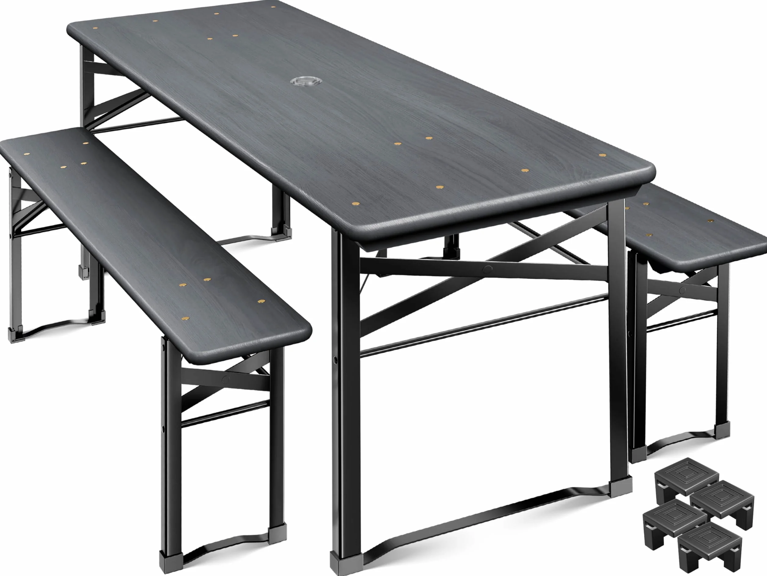 KESSER® Set di 3 mobili da giardino, pieghevole, 170 x 46 x 75 cm, 2 panche birra, 1 tavolo da birra, set in legno, 12 protezioni