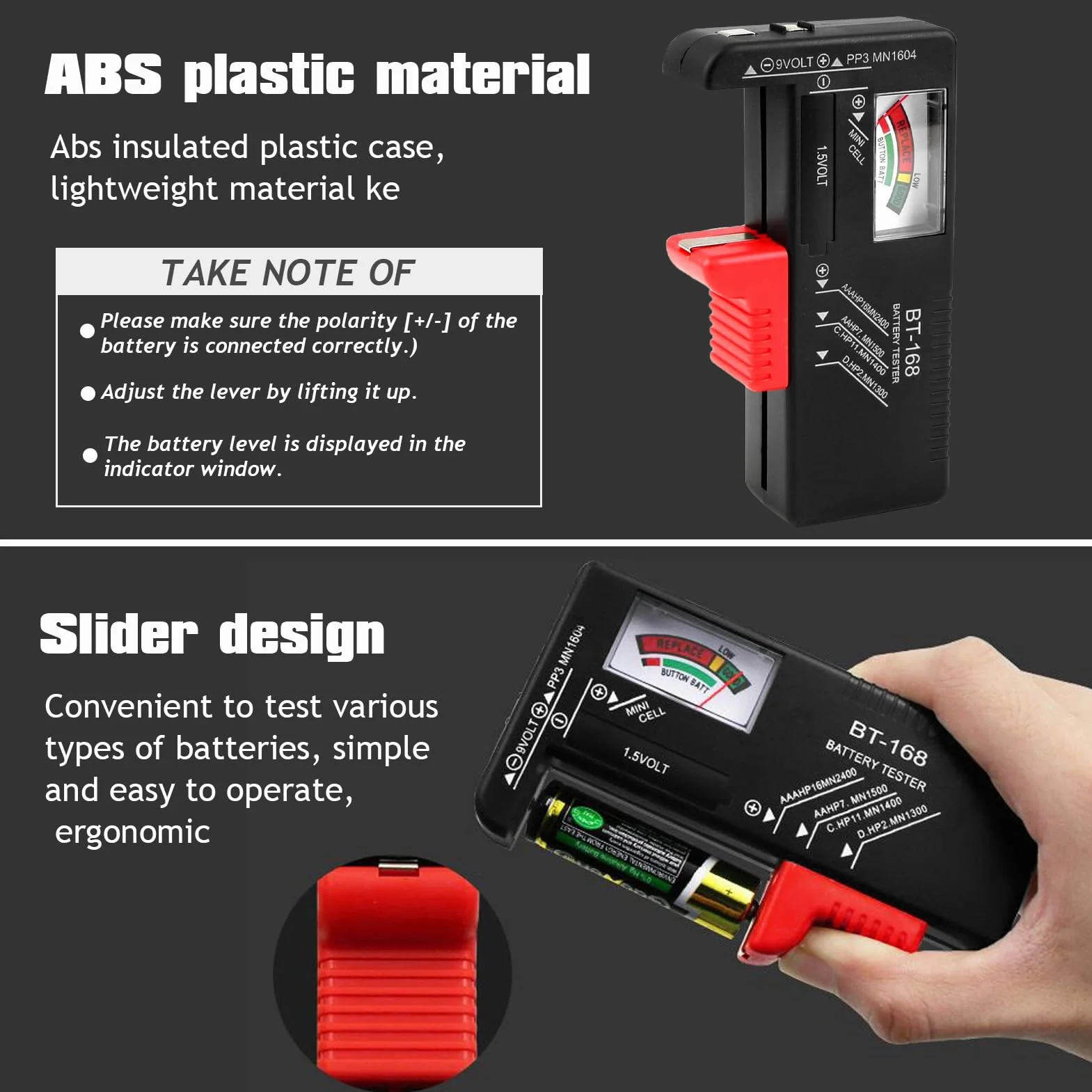 Set di 2 Tester Batteria Universale per Batterie AA AAA C D 9V 1.5V e a Bottone Nero