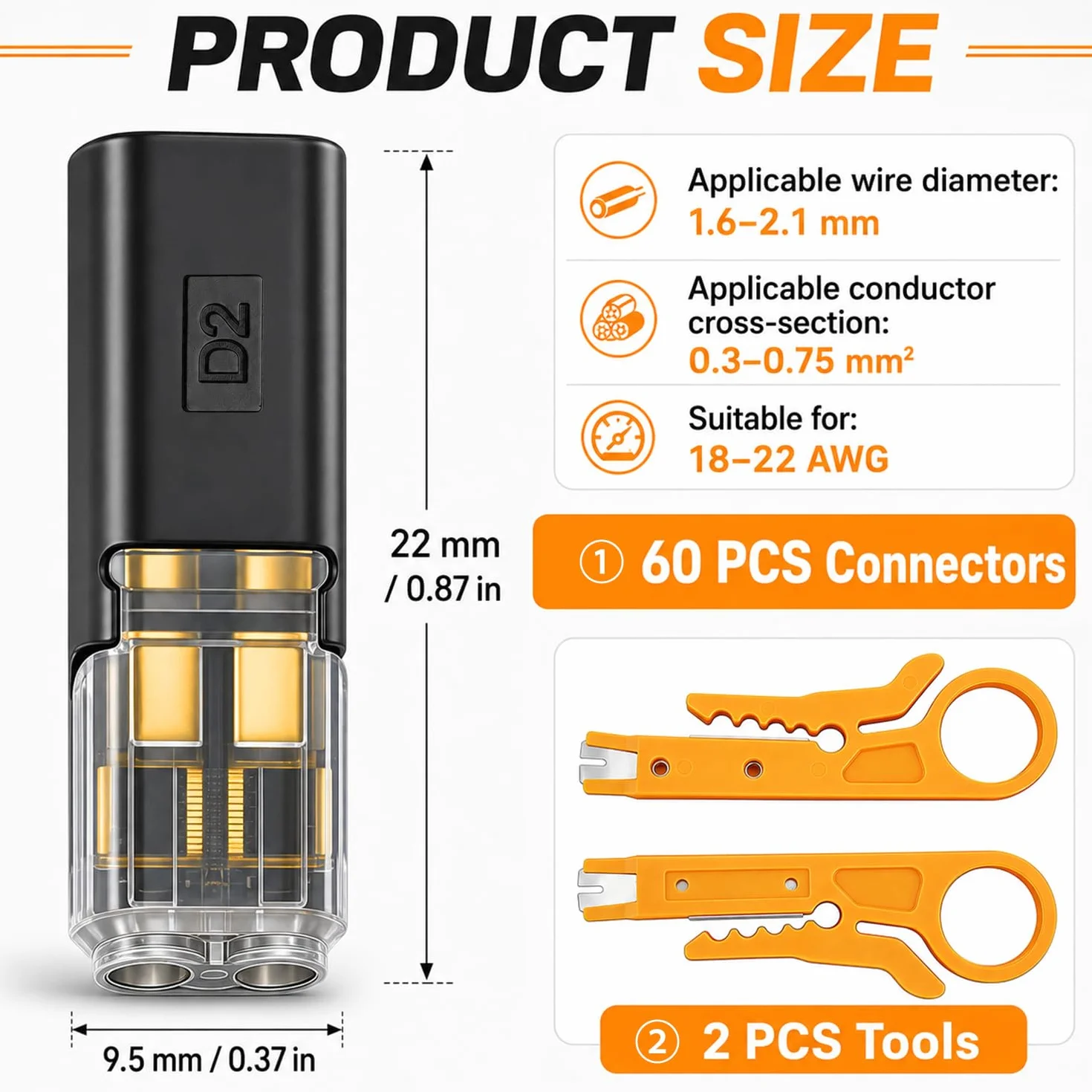 Connettori Rapidi Elettrici 60 Pezzi 18-22 AWG per Cavi Auto LED