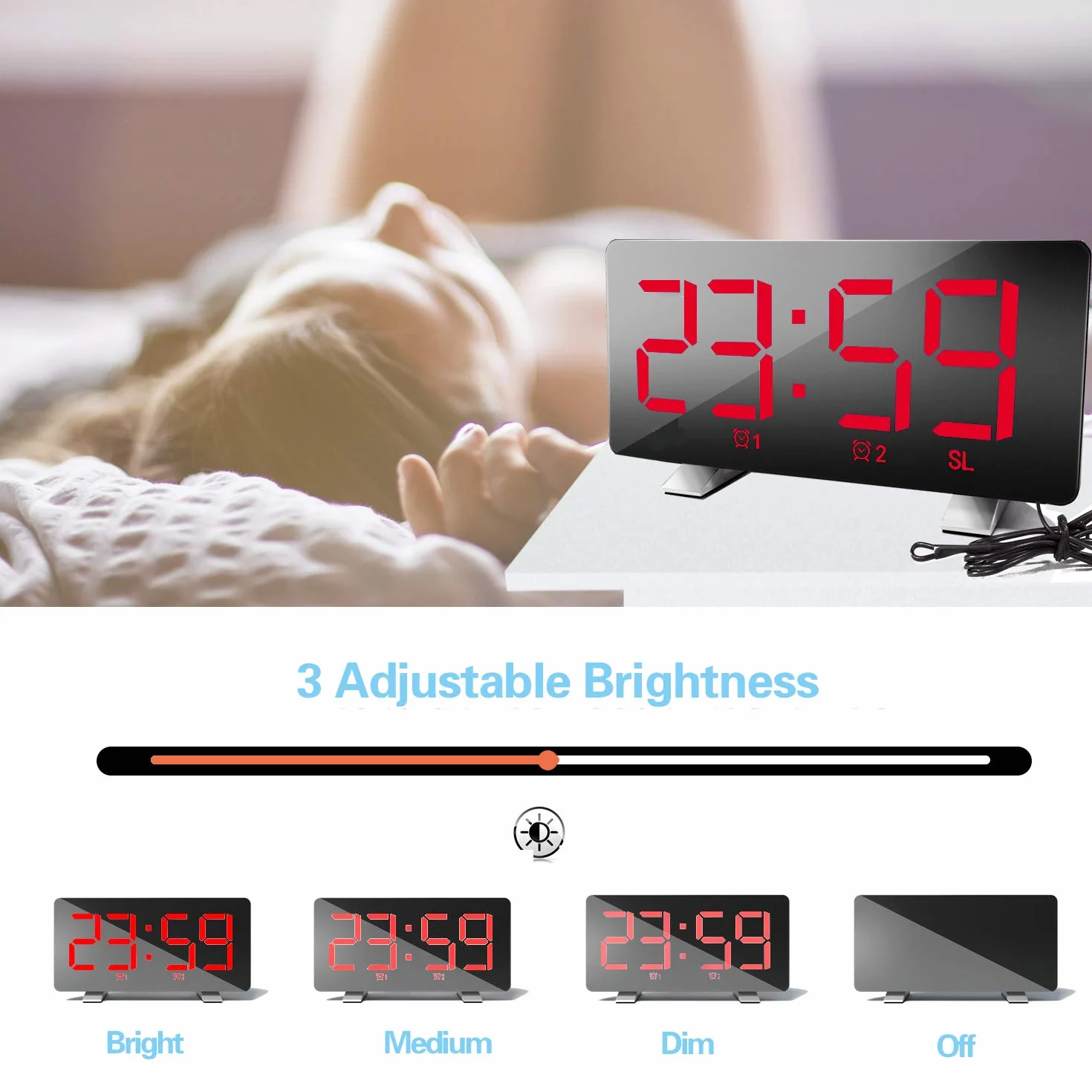 ThreeH Orologio Digitale Radiofonico 7,3 Pollici LED Caricatore USB Sveglia Rosso