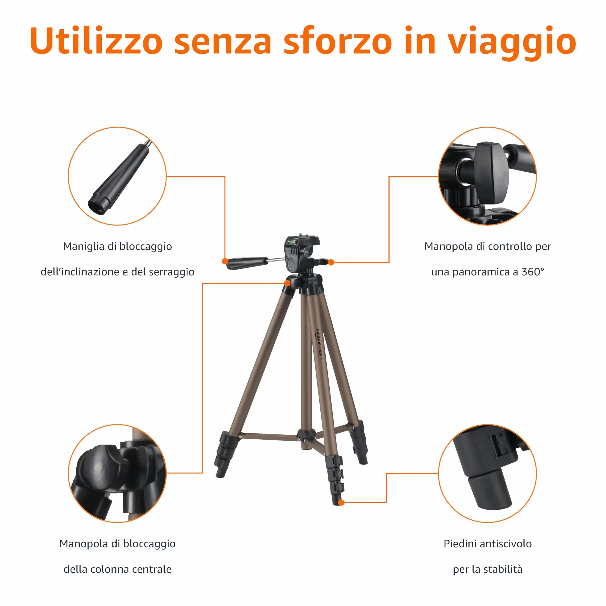 Amazon Basics Treppiede per Fotocamera 127cm, Leggero, con Borsa, per DSLR, Champagne