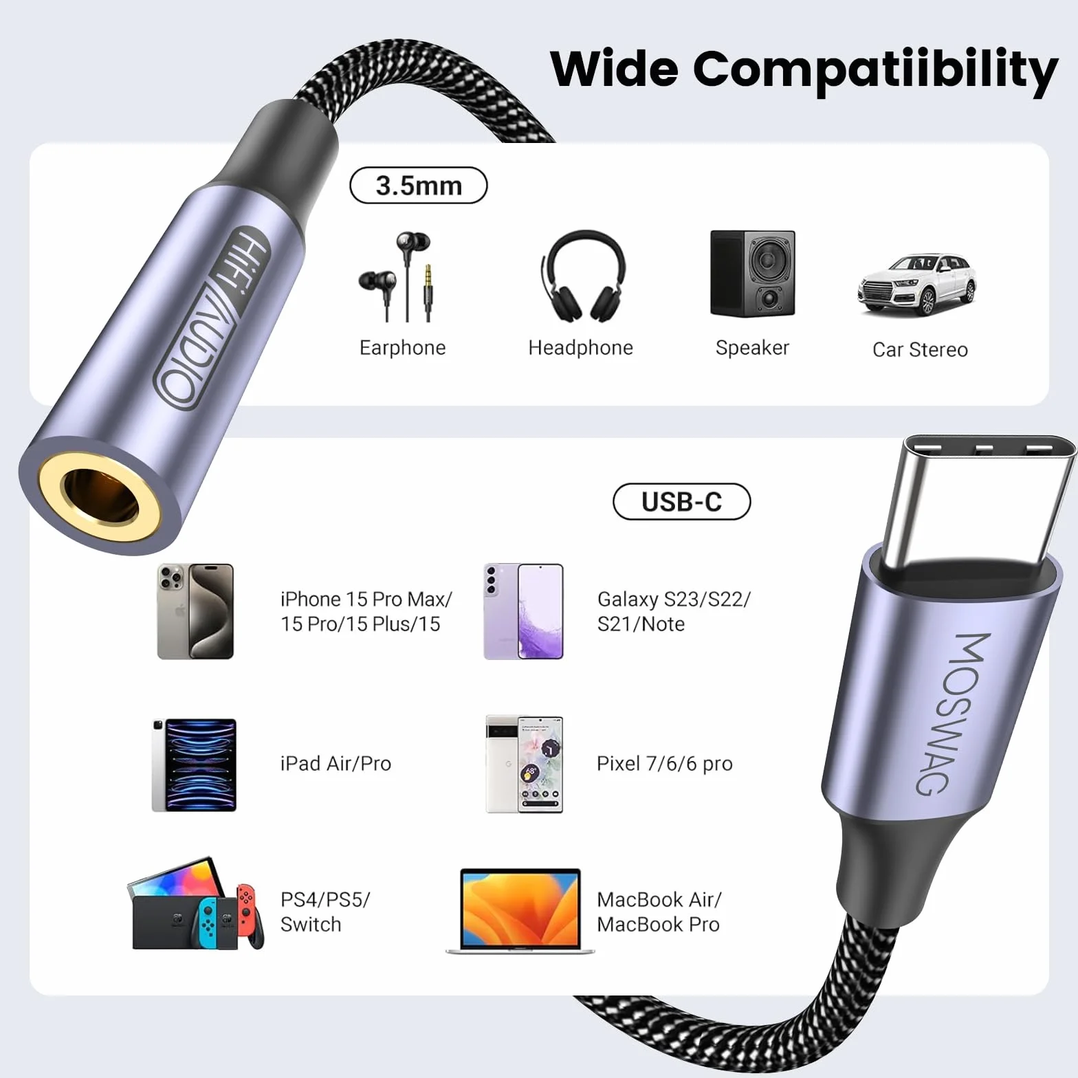 MOSWAG Adattatore per Cuffie USB C a 3.5 mm con DAC Integrato, Compatibile con iPhone 17 Pro Max Air Samsung Galaxy S26 S25 S24 XIAOMI Google Pixel