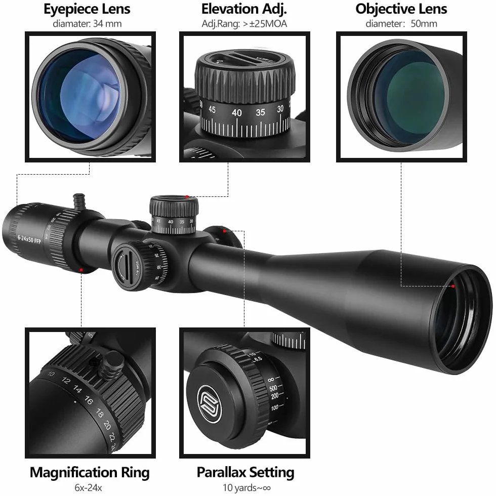 SPINA OPTICS 4-16x44/6-24x50 SFP Riflescope Mil-dot Reticle 20mm Ring Mounts Impermeabile Fogproof Nero 30mm Tubo