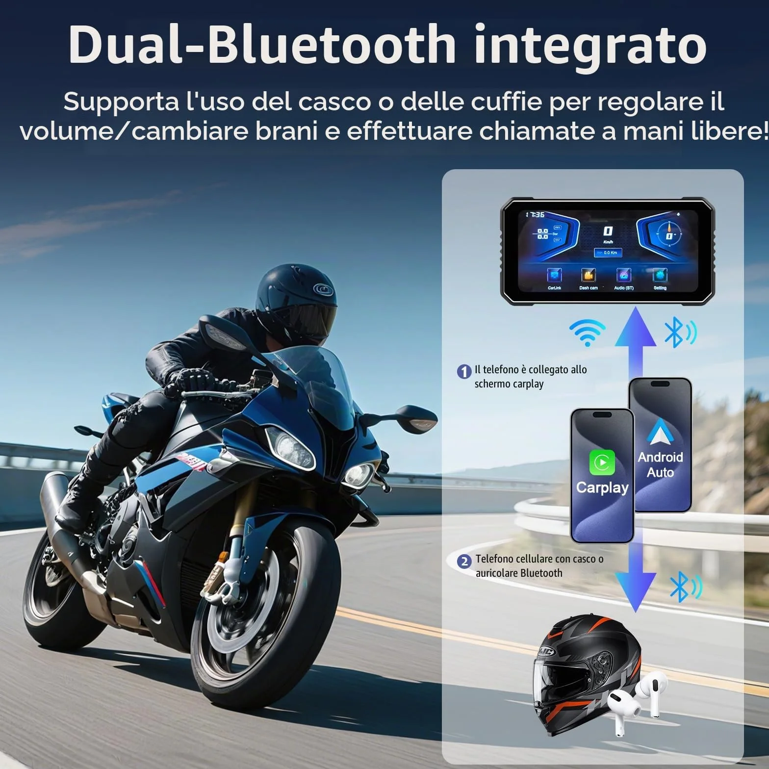 Vtopek Carplay Moto 6,25 Pollici Dashcam 4K+1080P Dual Camera Impermeabile Navigazione GPS Bluetooth Siri 64GB