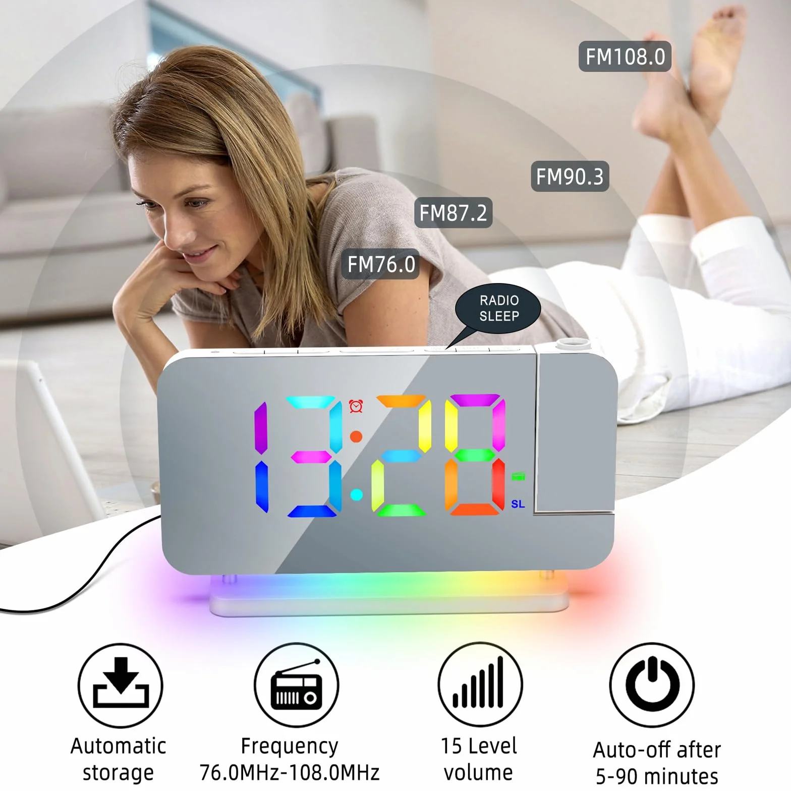 Radiosveglia Digitale con Proiezione e FM 6 Livelli Luminosità Schermo 4 Proiezione Snooze