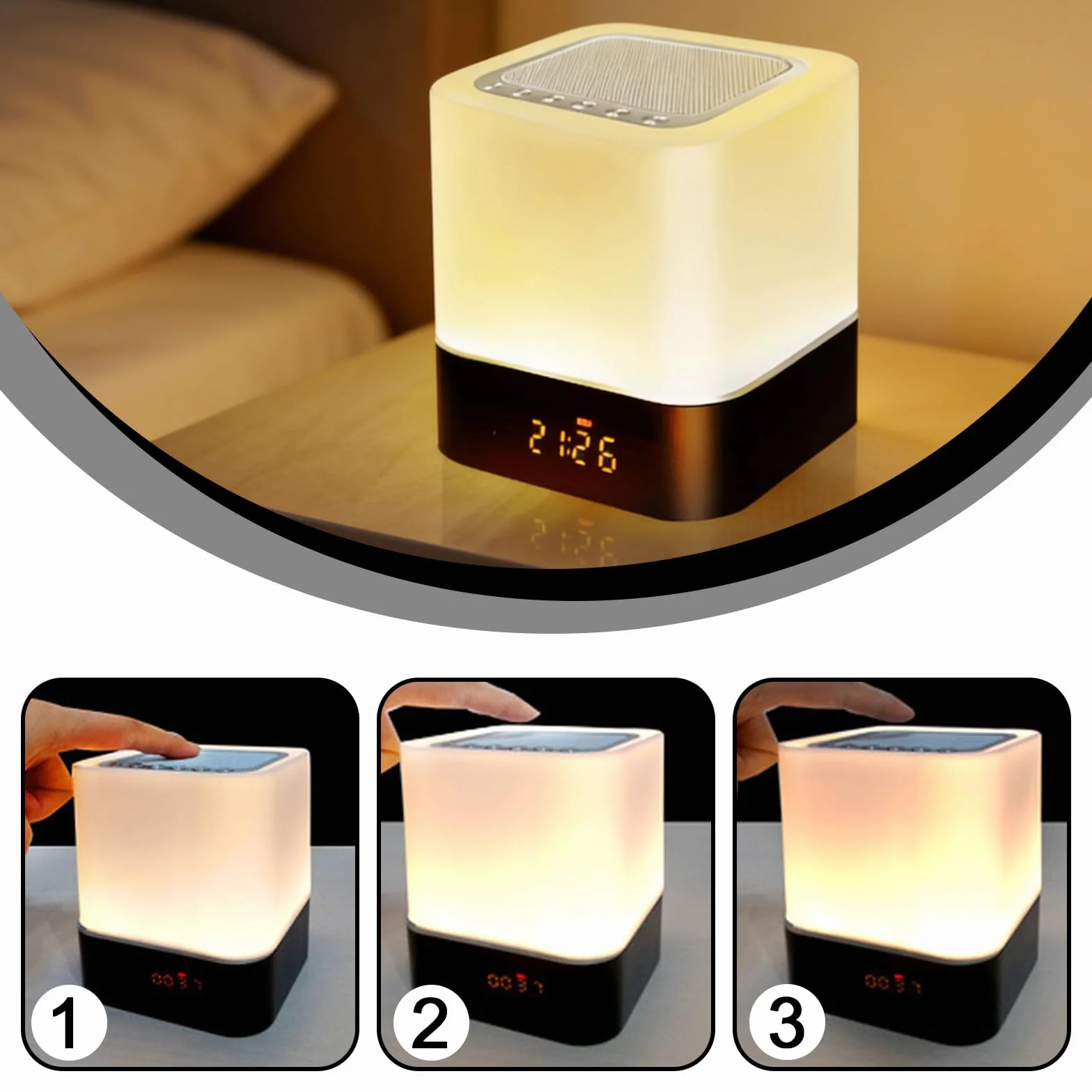 BORDEAG Altoparlante Bluetooth Sveglia con Luce LED Touch, Lampada da Comodino Dimmerabile, Lettore MP3