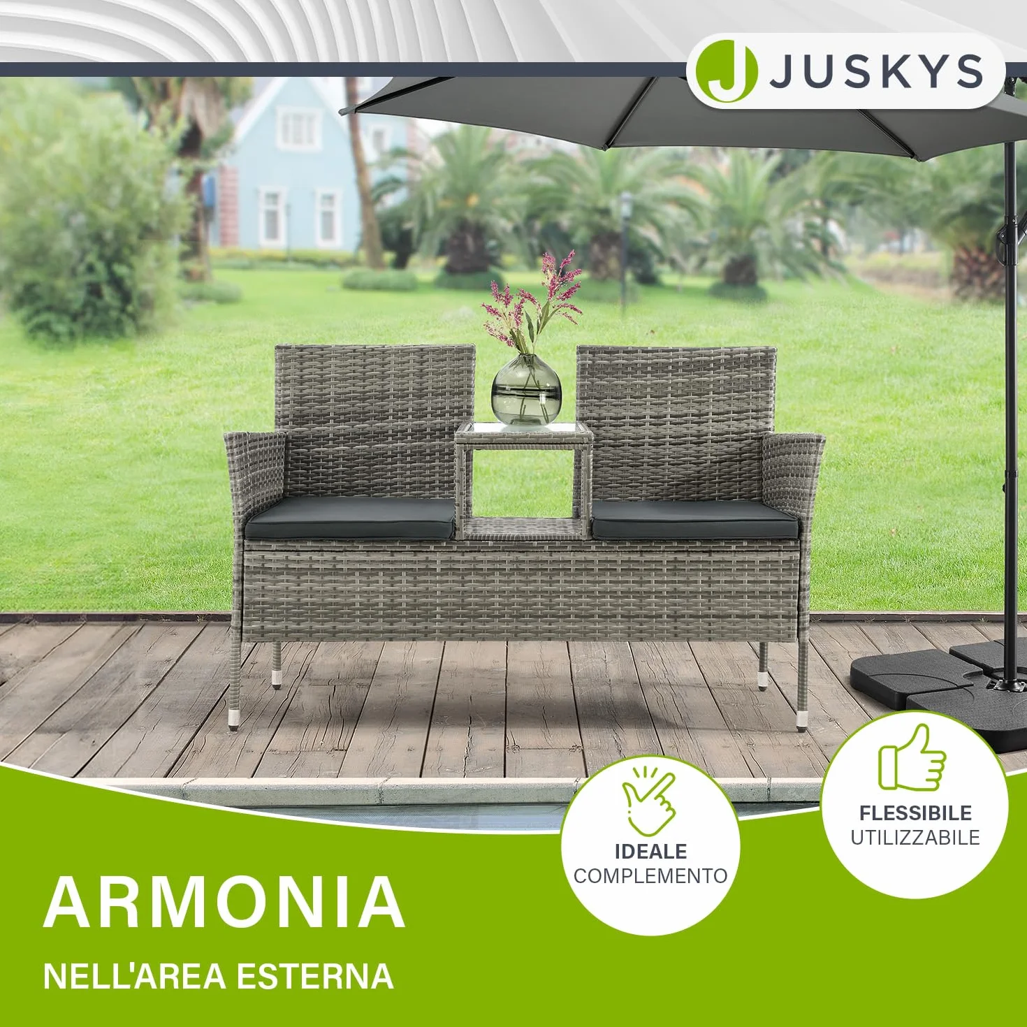 Juskys panca da giardino Monaco in polyrattan – 2 posti con tavolo e cuscini – 133×63×84 cm – resistente alle intemperie per balcone e terrazza – grigio melange