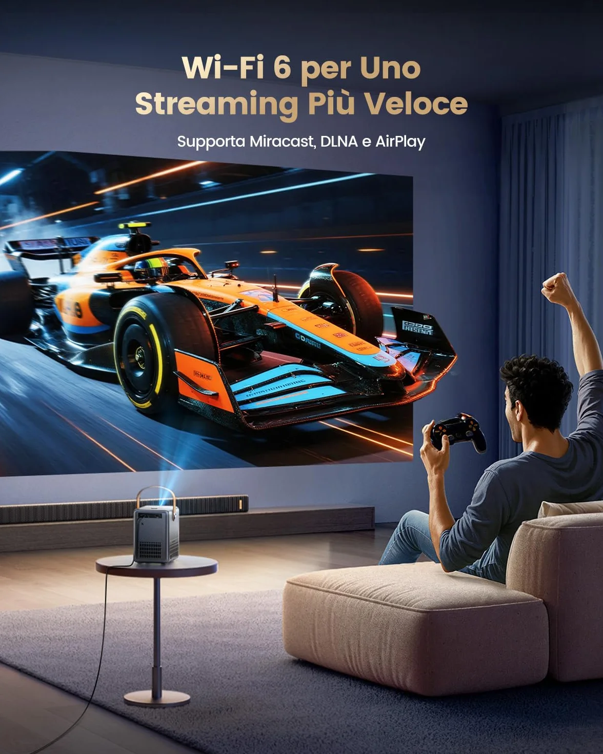 Proiettore Portatile 4K 800ANSI Smart con Netflix e Dolby, WiFi Bluetooth, 1080P Nativo Full HD, Auto Keystone, E-Focus, Zoom 100%-50%, HDMI ARC/CEC per Home Cinema