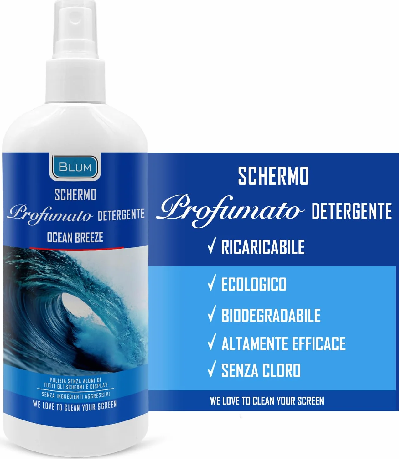 Blum Detergente schermi OCEAN BREEZE 250ml + panno microfibra 30x30cm Pulitore TV laptop monitor