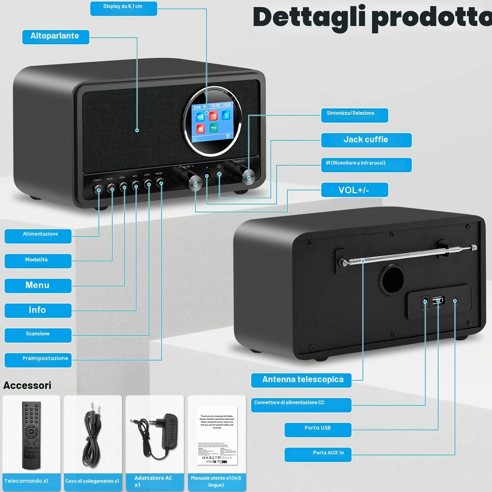 Radio DAB Plus FM Bluetooth Digitale da Cucina con Telecomando e Sveglia Snooze USB Aux Nero
