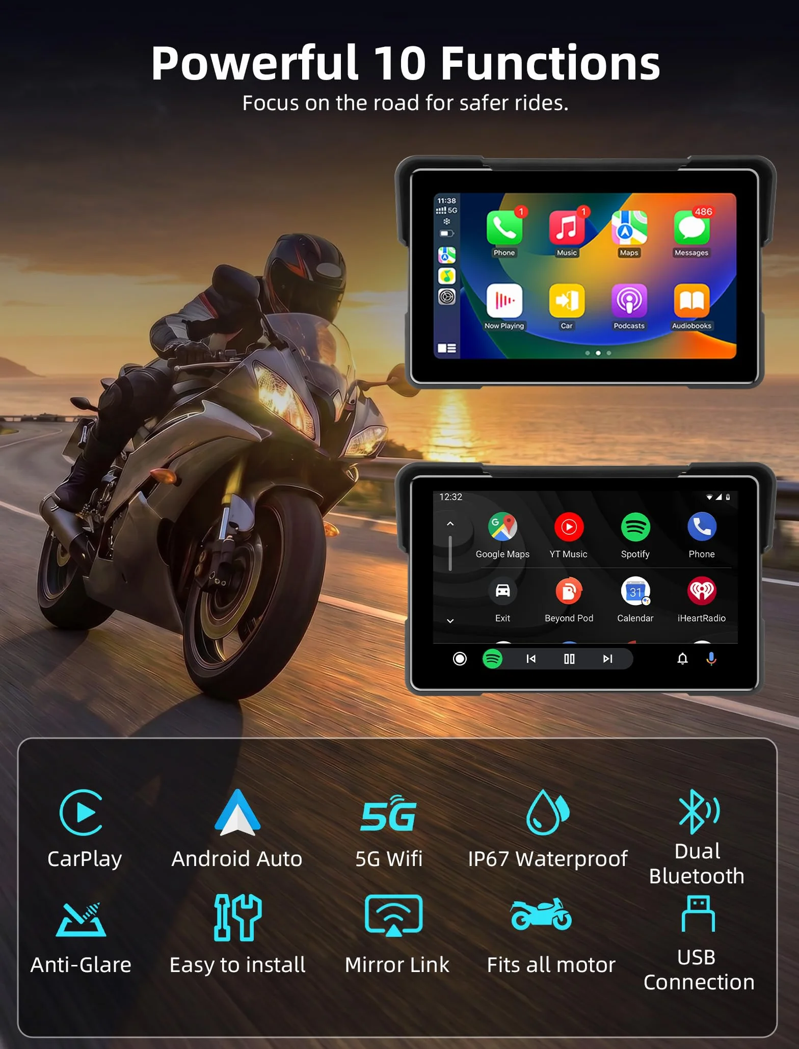Jansite Carplay Moto da 7 Pollici Navigatore Andrpid Auto Display Impermeabile IPS 2.5D Bluetooth Siri/Assistente Google