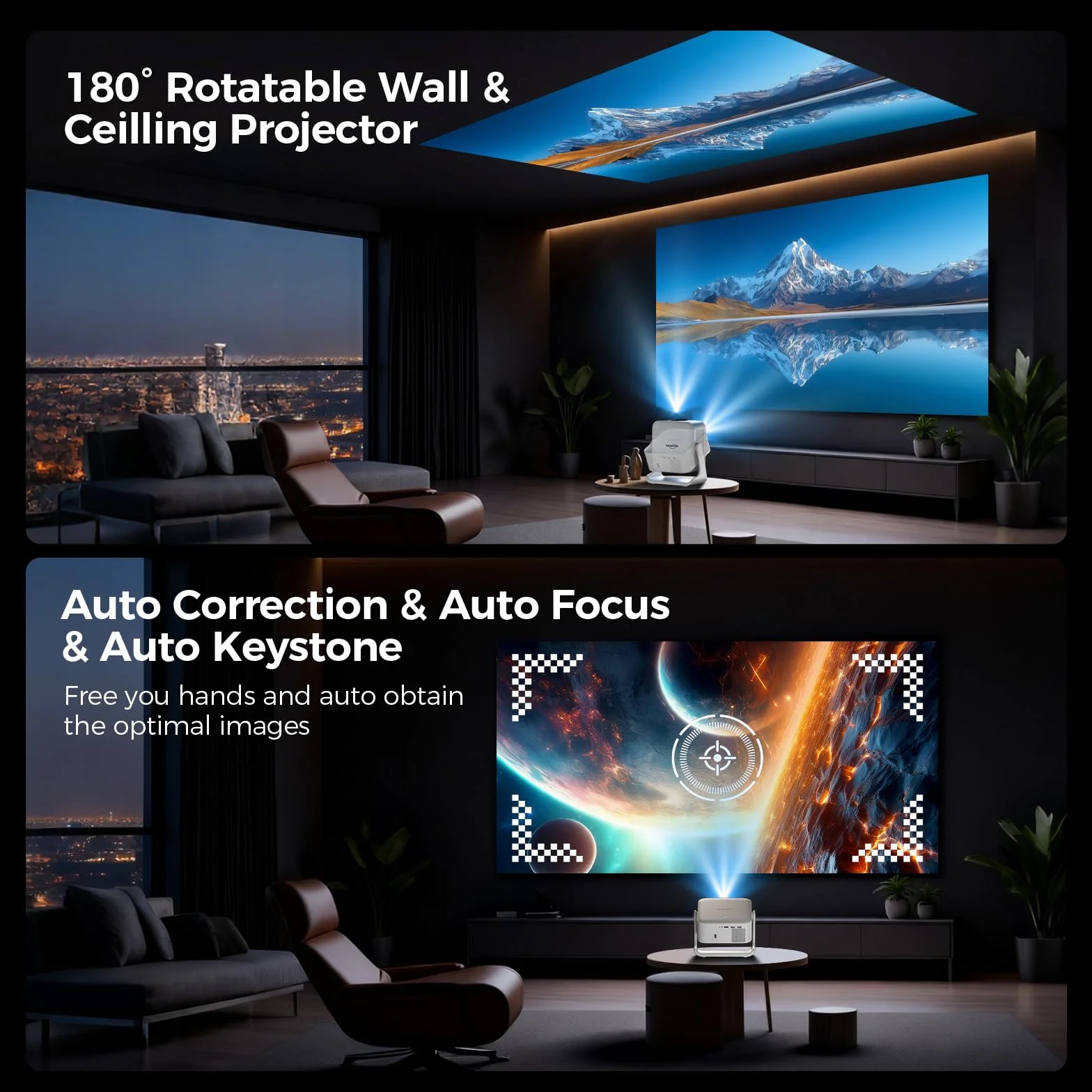 Proiettore 4K WiFi 6 Bluetooth 5.4 Smart TV OS HDR10+ 3D Suono 1080P Native Auto Focus Keystone Bianco