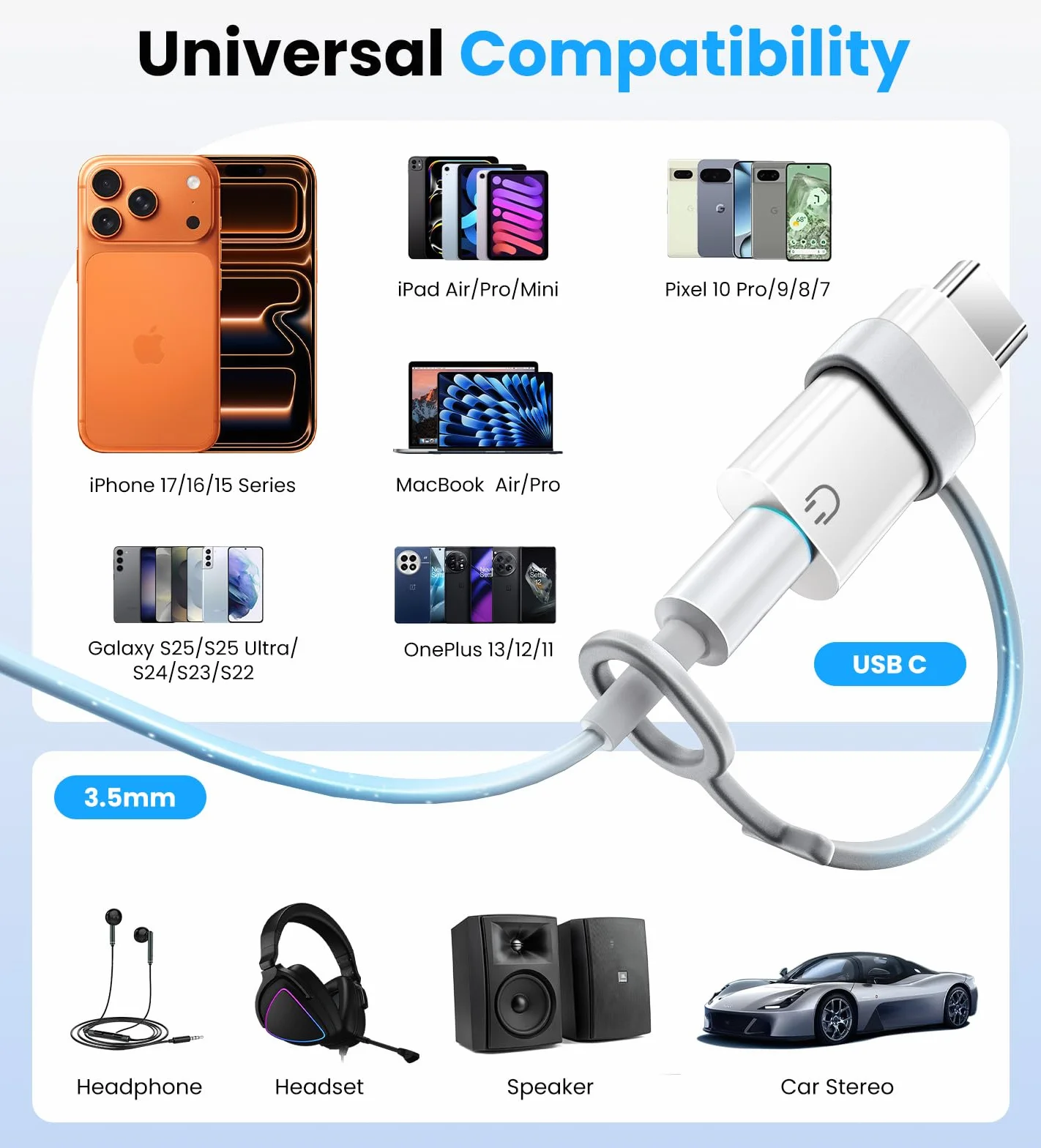 TiMOVO Adattatore da USB C a Cuffie Audio da 3,5 mm, Tipo C a Jack Aux con Anello Anti-Perdita, Bianco