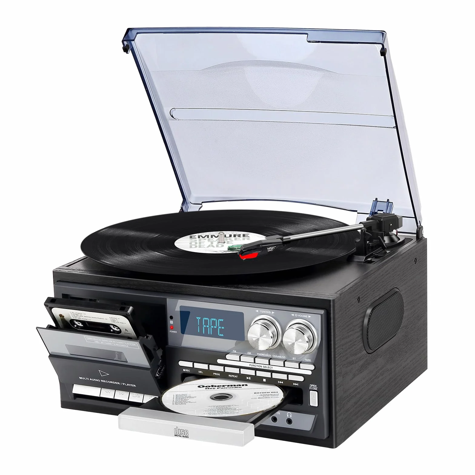 Giradischi Vintage 9 in 1 con Bluetooth, 3 Velocità, Lettore CD e Cassette, Radio AM/FM