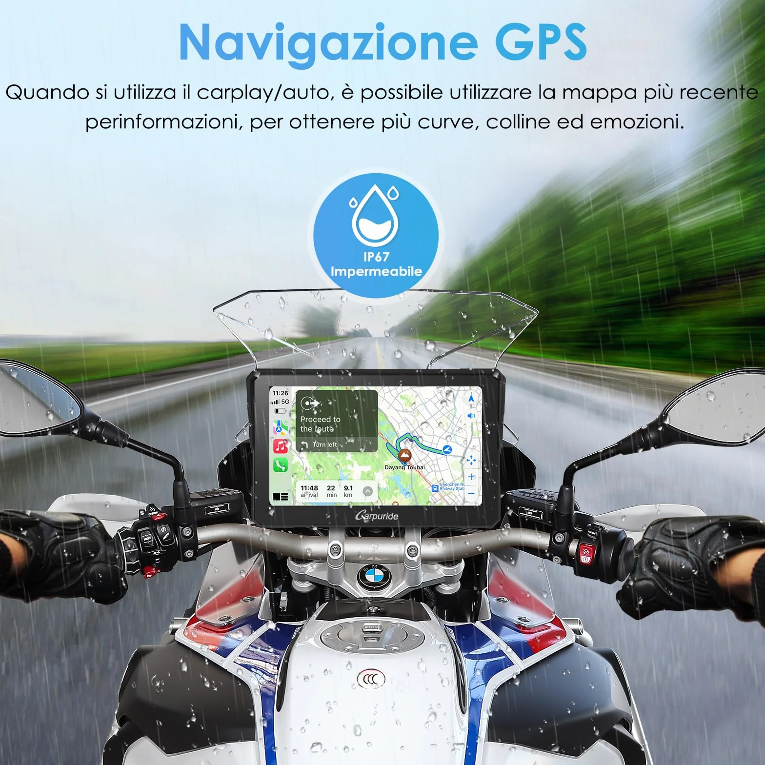Carpuride W702B Schermo Carplay Moto 7" Impermeabile Touchscreen Wireless CarPlay Android Auto Dual Bluetooth per BMW