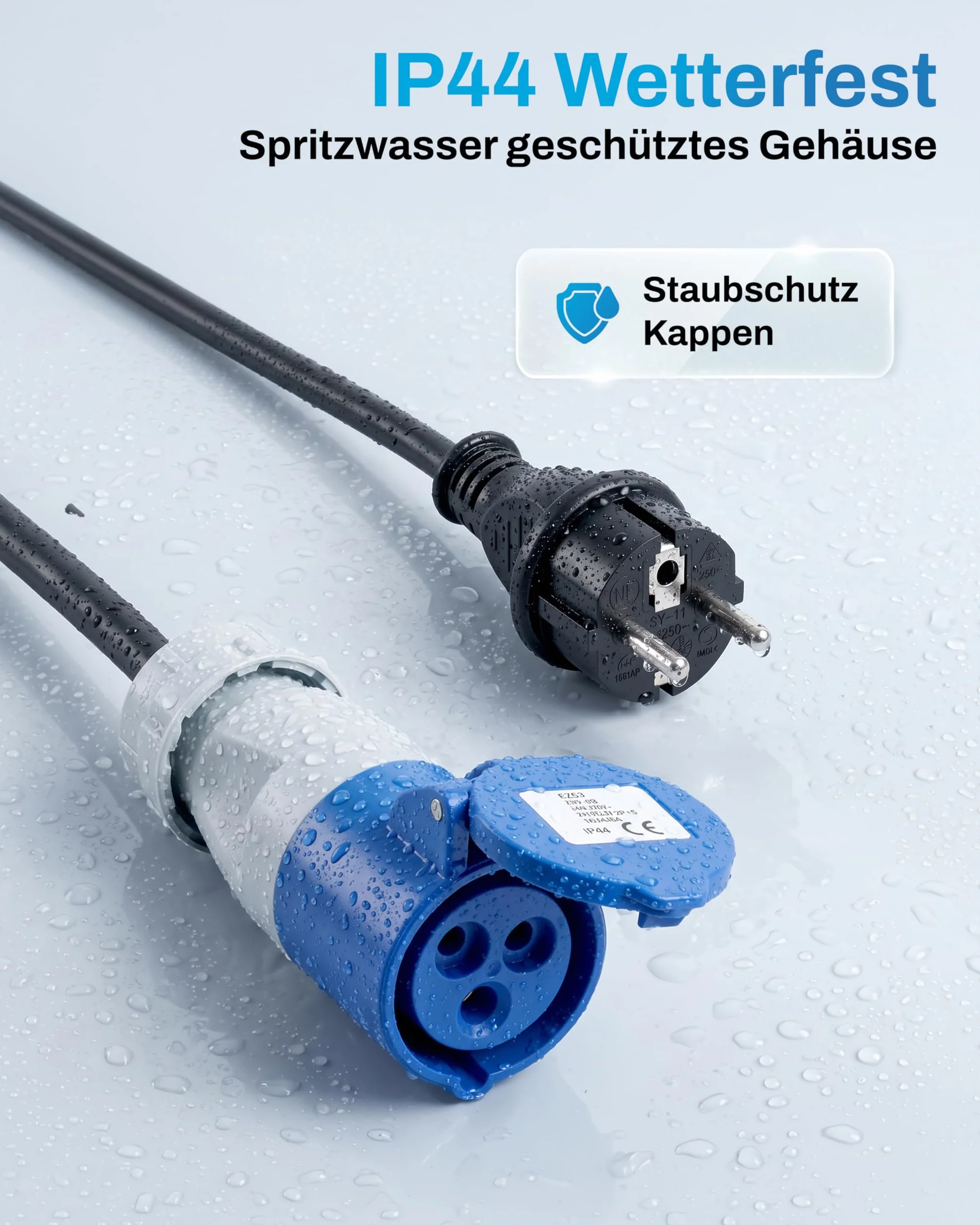 Adattatore CEE spina Schuko a presa CEE, cavo 'campeggio', cavo IP44, prolunga, H07RN-F 3G2,5, adattatore 16A