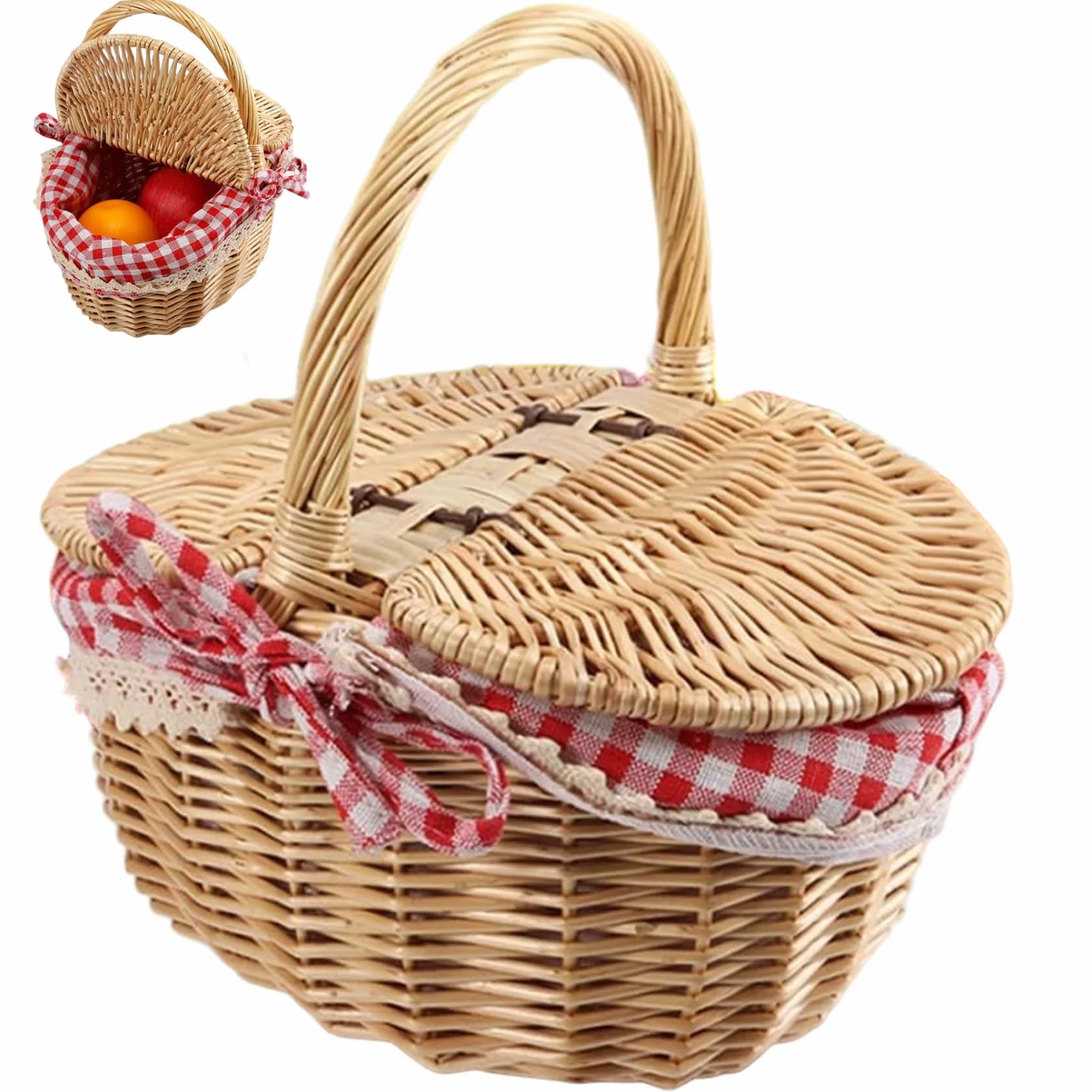 Cestino da picnic con coperchio, cestini in vimini con manici e rivestimento in tessuto di pizzo per raccogliere caramelle di frutta, picnic nuziale (9, 8x5, 5 pollici)