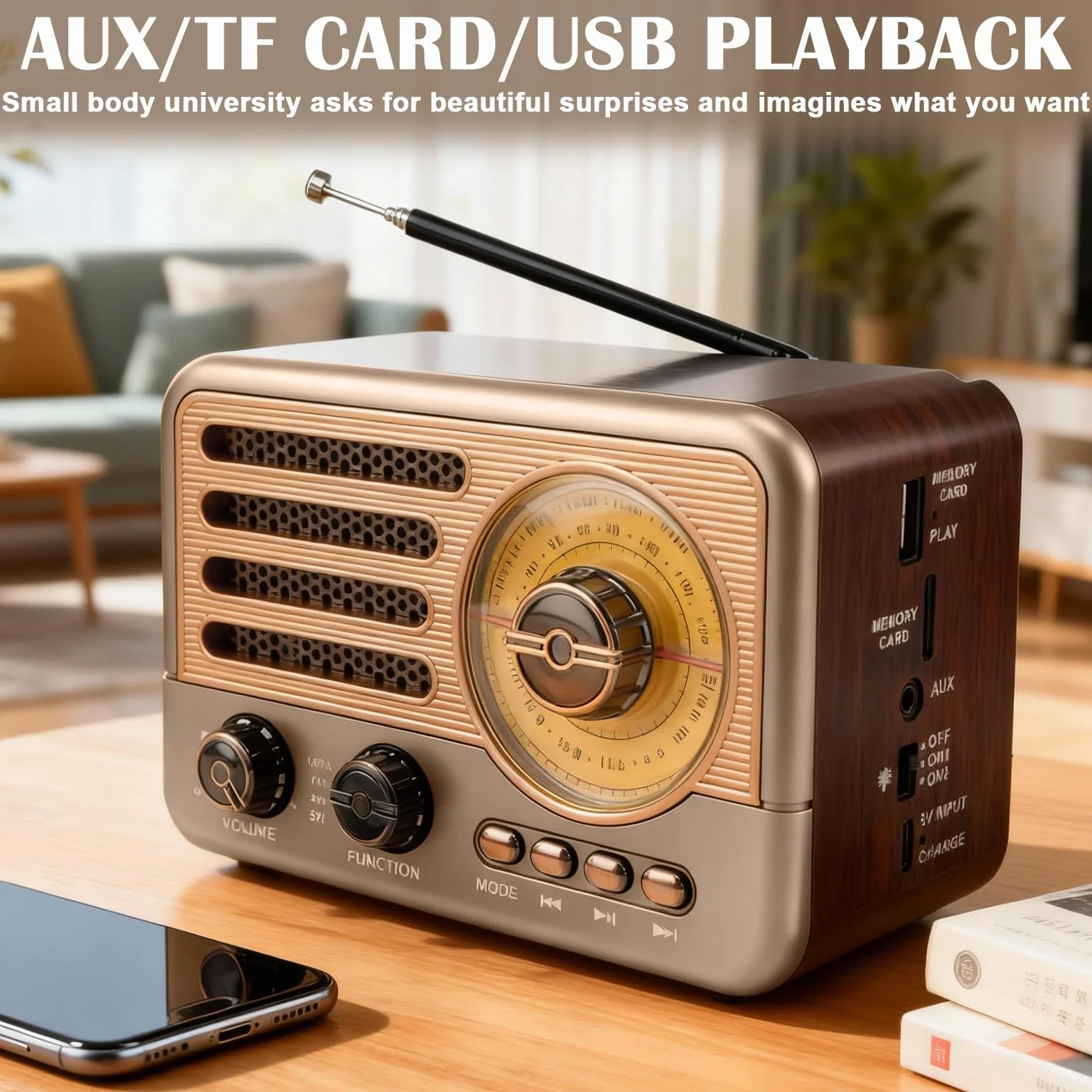 Radio Retrò Bluetooth 5.3 AM/FM/SW Baule, Radio da Cucina Piccola con USB/TF/AUX, Antenna Telescopica
