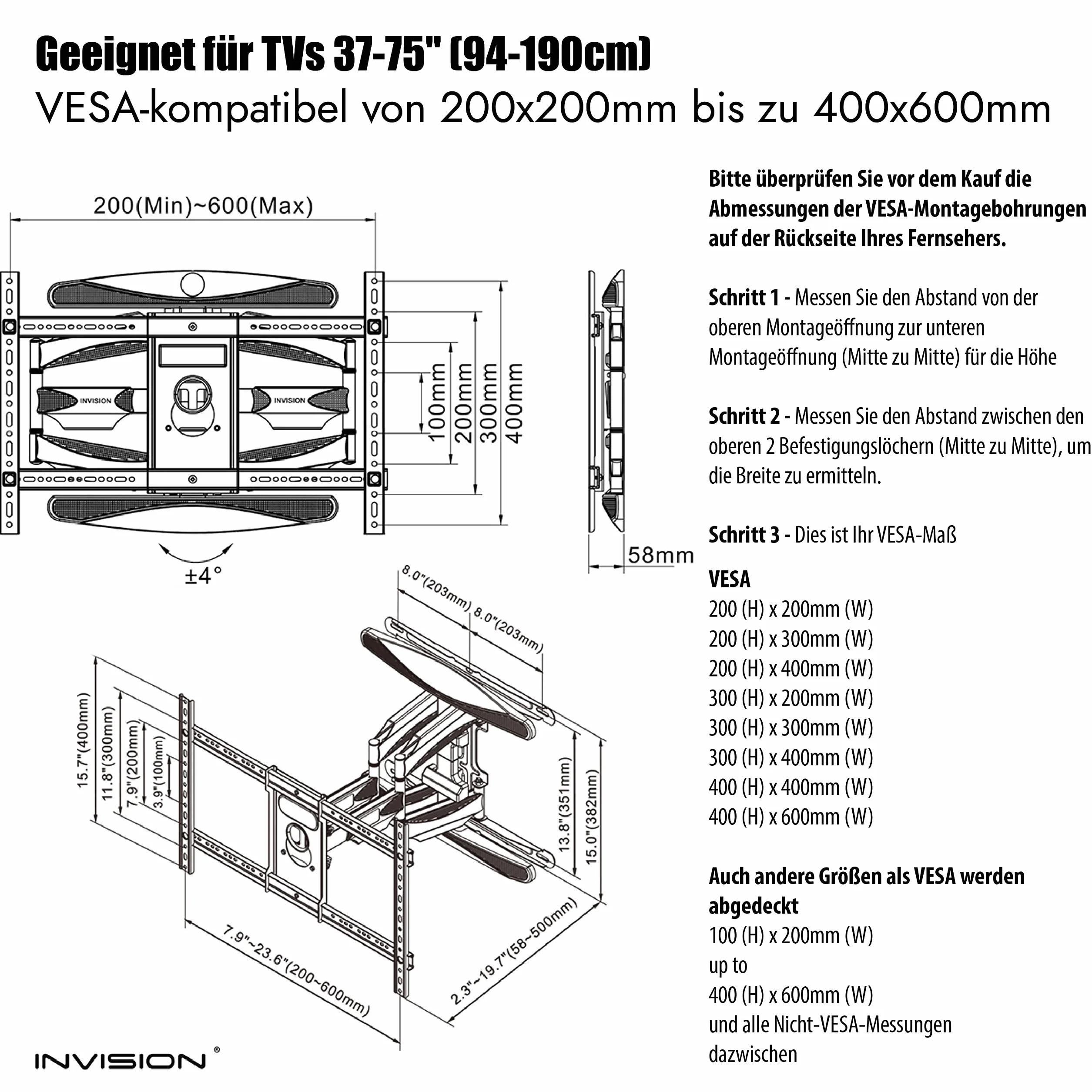 Invision Supporto TV Parete 37-75 Cali VESA 200x200-600x400mm Doppio Braccio Inclinazione Girevole Estensione 50kg