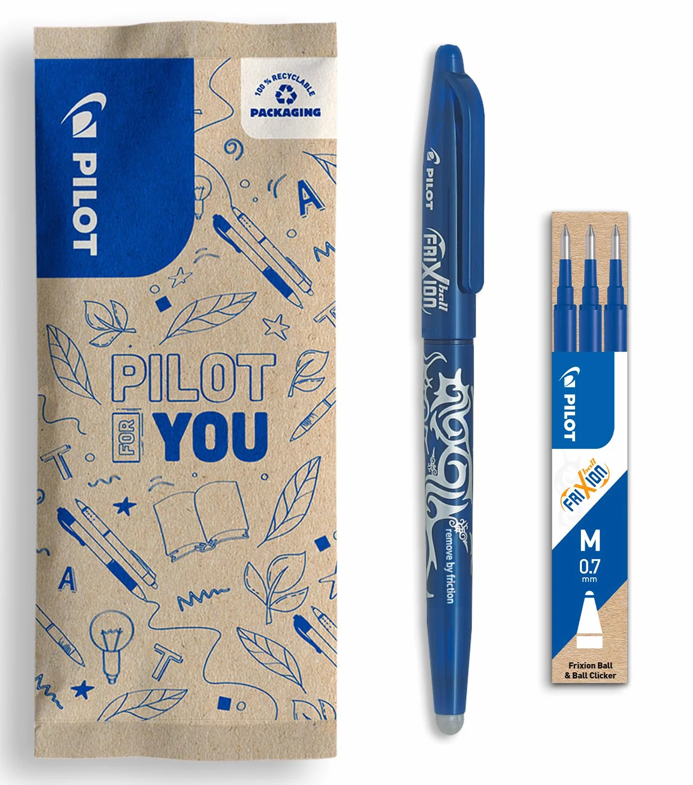 PILOT FriXion Ball 07 Penna a Inchiostro Termico Cancellabile Ricaricabile Blu Punta Media Set con Ricariche