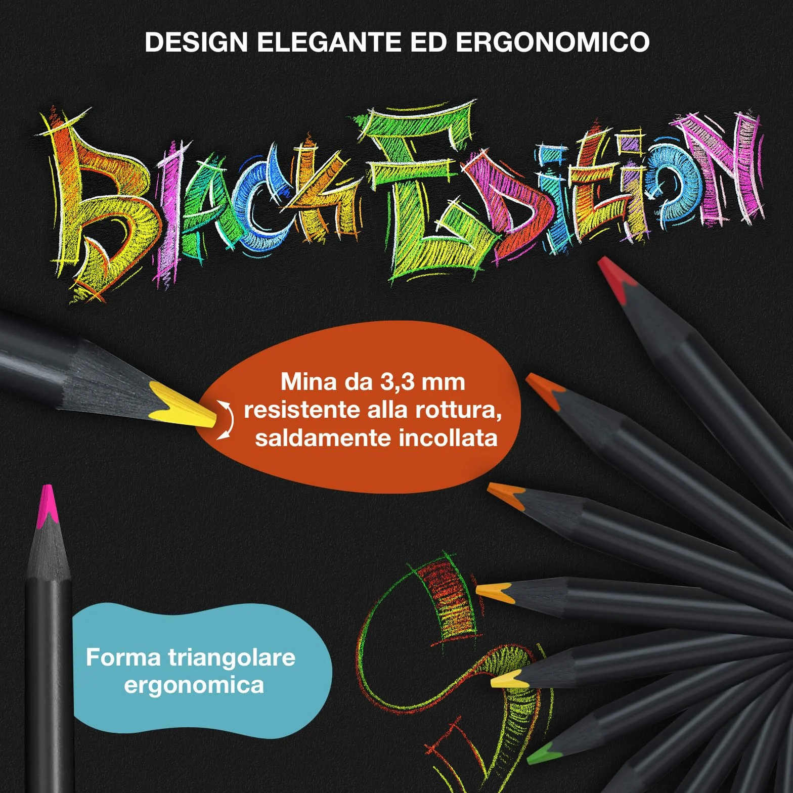 Faber-Castell Black Edition 24 Matite Colorate, Resistenti alla Rottura, Impugnatura Ergonomica, Valigetta per Carta Chiara e Scura