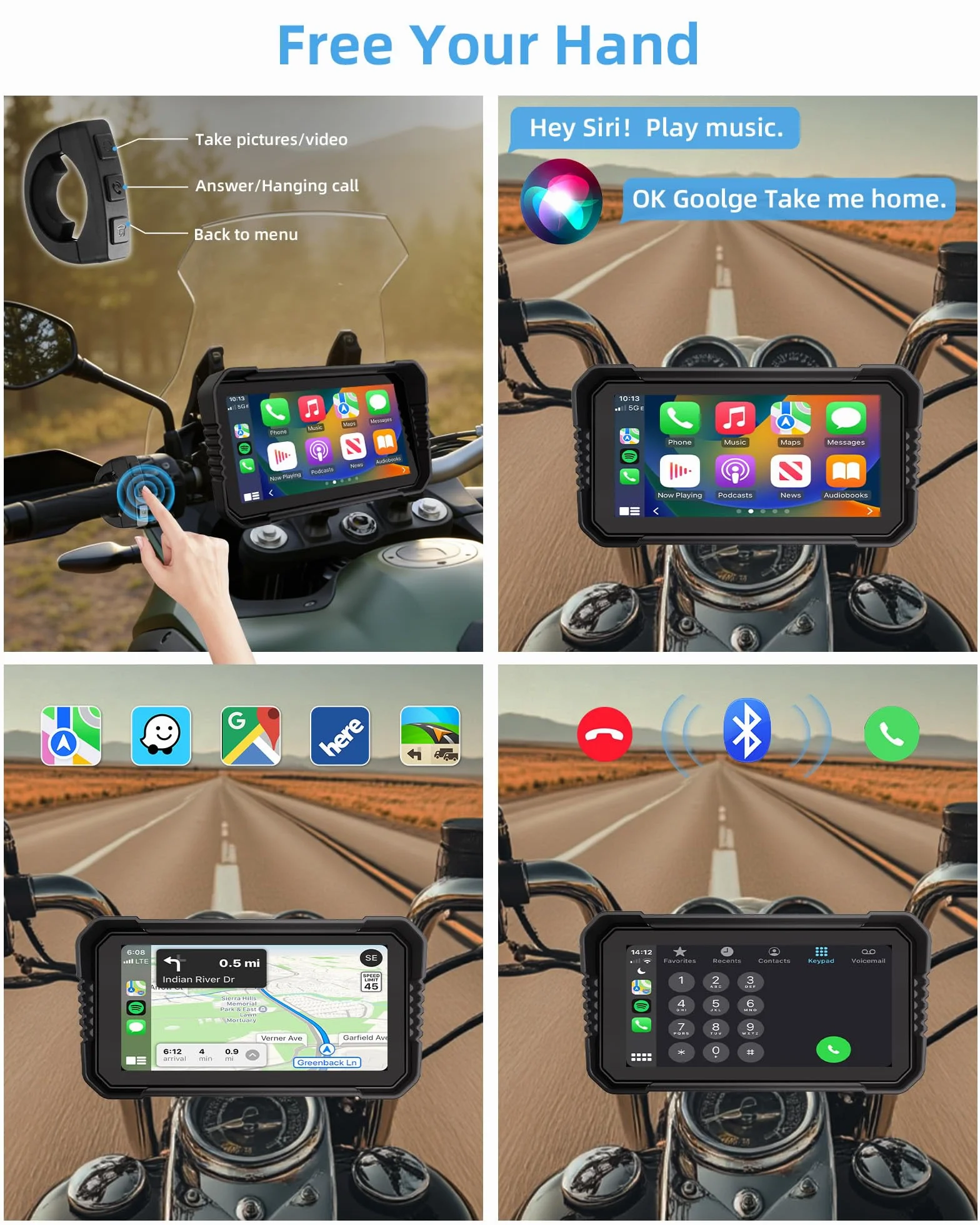 Motorcycle Carplay Android Auto 4K Dashcam 6.25" Double Camera Bluetooth IP67 GPS Navigation 64GB