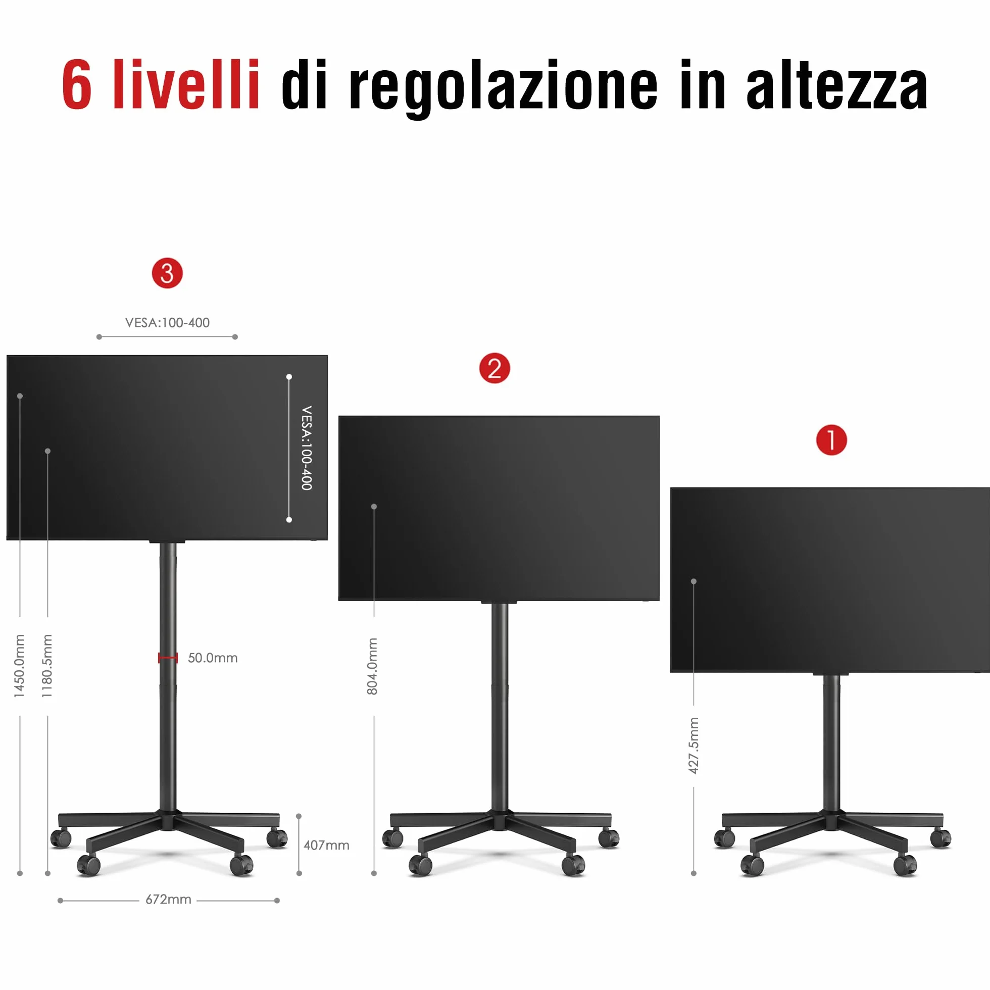 AOKCOS Carrello Porta TV 32-65 Cali, Supporto TV da Pavimento Regolabile, Inclinabile, VESA 400x400mm 40kg