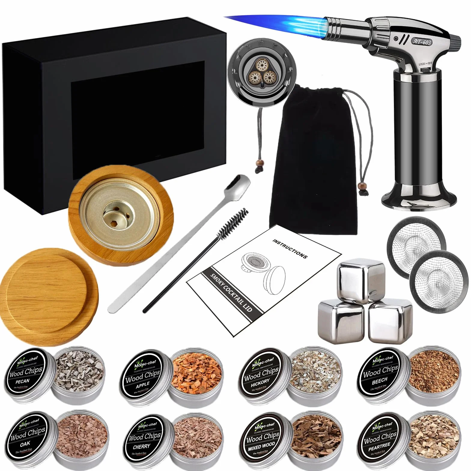 Kit Affumicatore per Cocktail Whisky - Set con 8 Aromi di Legno e Pietre Refrigeranti - Accessori Bar per Bourbon, Regalo Uomo Padre e Fidanzato