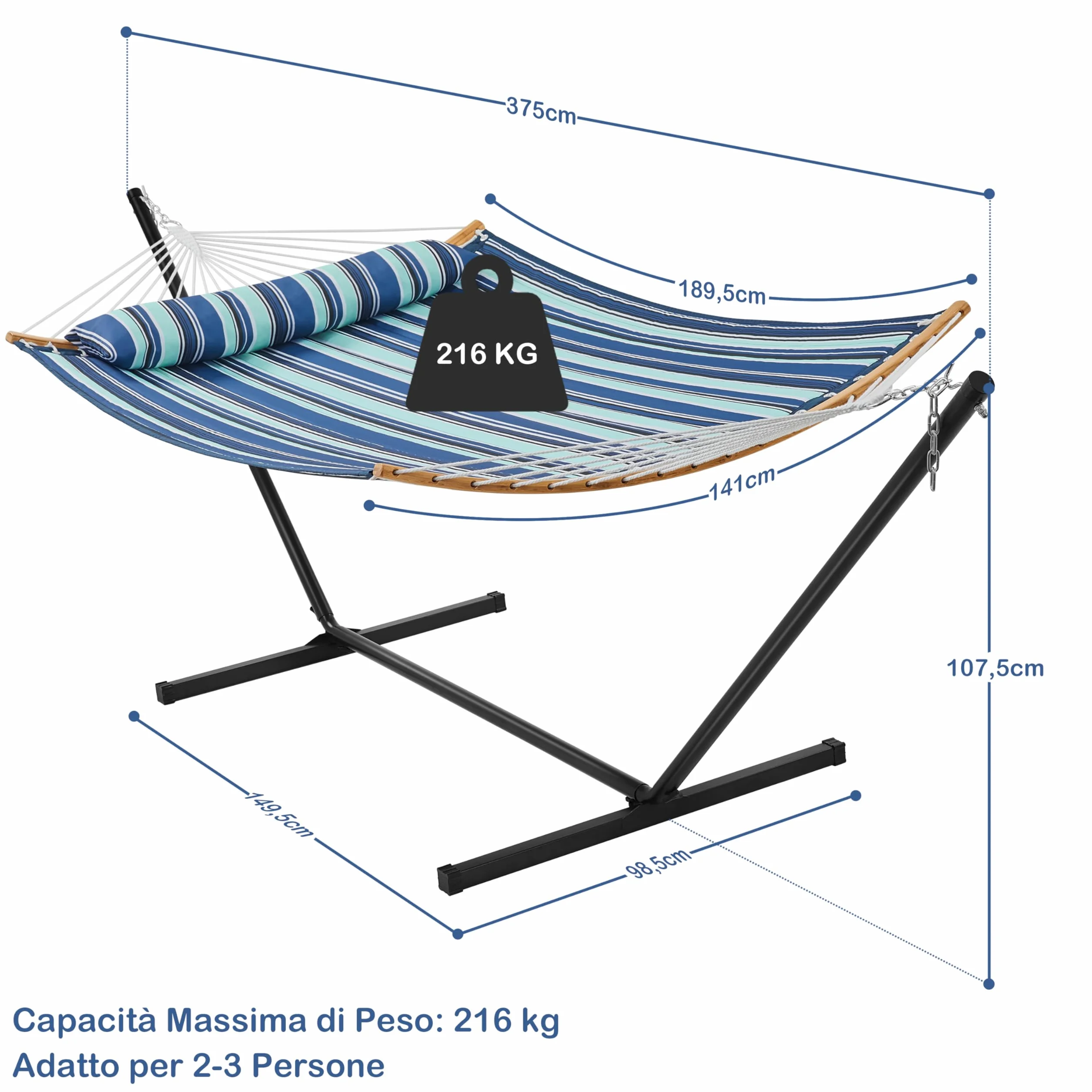 Yaheetech Amaca da Giardino Esterno Doppia in Telo Cotone con Supporto Acciaio Portata 216 kg Blu