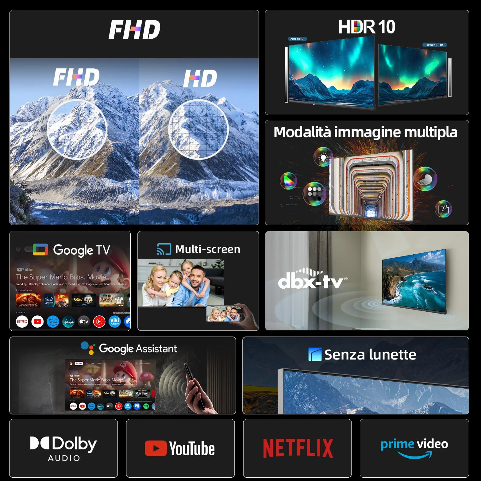 CHiQ Smart TV 32 pollici (81 cm) Full HD HDR10 Google TV OS Dolby Audio dbx-tv Tuner Triplo Chromecast Incorporato Design Metallico Senza Cornice