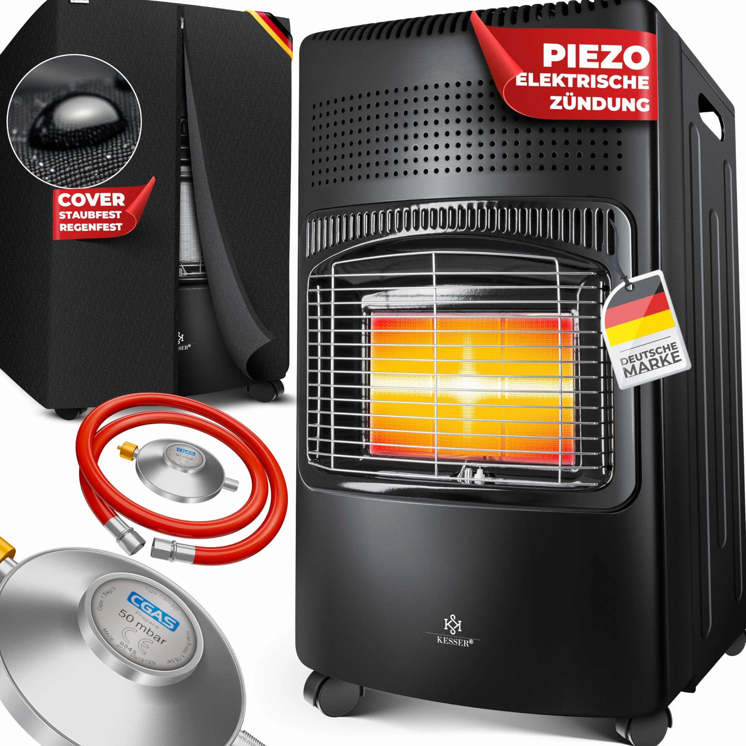 KESSER® Stufa a gas in ceramica 4200 Watt incl. regolatore di pressione del gas, bruciatore a infrarossi in ceramica, potenza termica, bombole butano o propano fino a 15kg