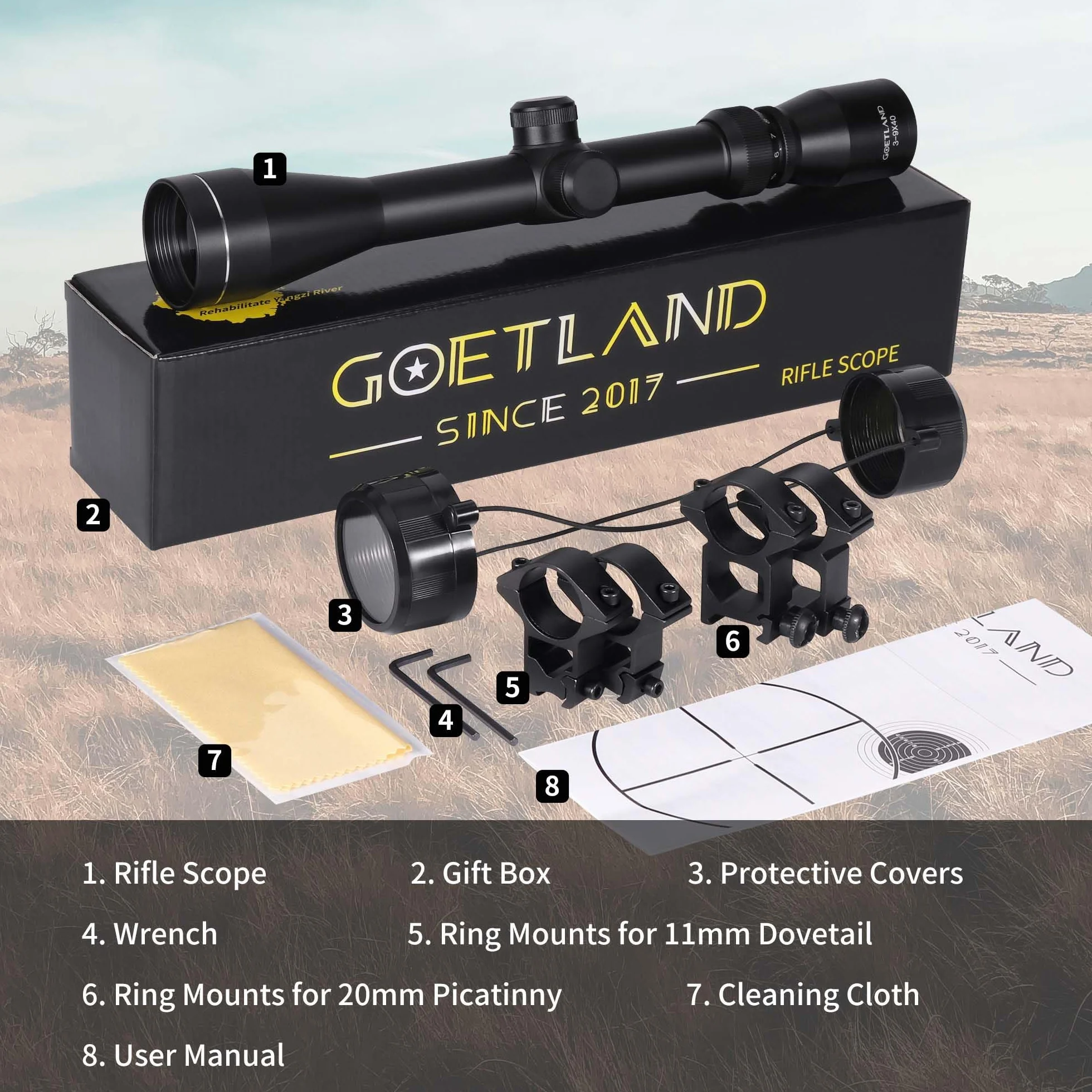 Goetland 3-9x40 Ottica per Carabina Aria Compressa Cannocchiale da Puntamento R4 Reticolo SFP con Anelli di Montaggio